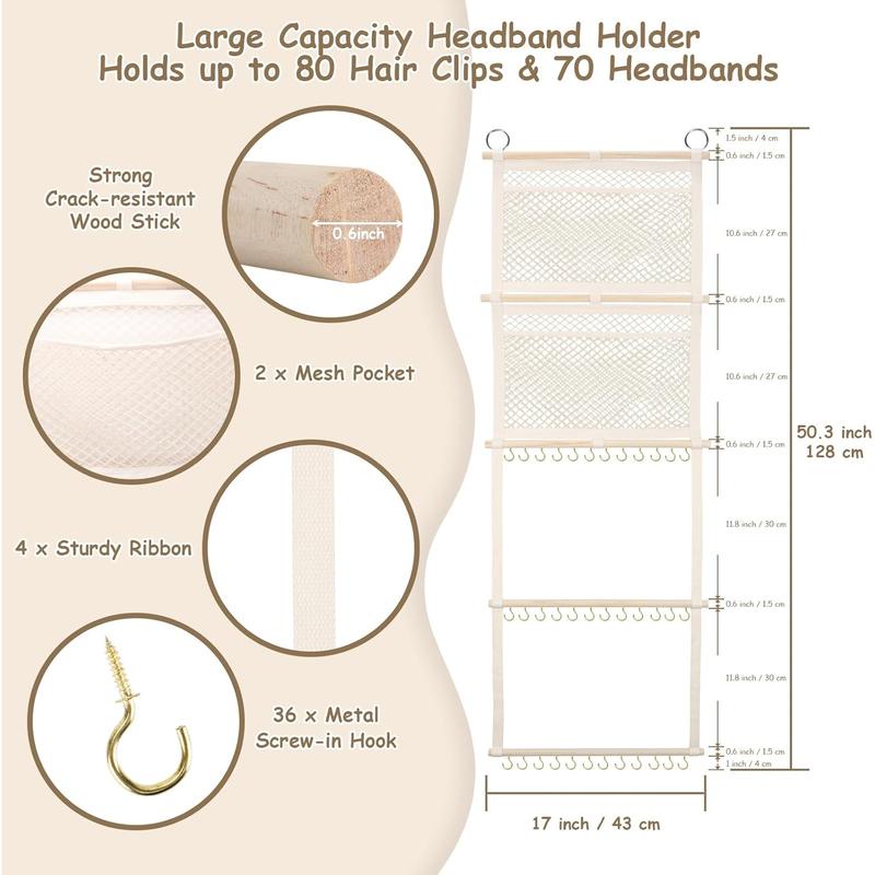 Headband Holder, 17x50in Bow Holder W/ 2 Mesh Pockets & 36 Metal Hooks, Bow Organizer for Girls Hair Clip Jewerly, Wall Hanging Hair Accessories Storage Hanger for Baby Toddler Nursery Decor(Beige)
