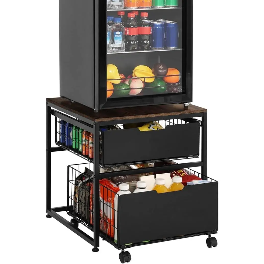 Mini Fridge Stand with Storage Drawer Basket, 21.7" x 21.7" Mobile Mini Fridge Table, Heavy Duty Fridge Cart, Small Refrigerator Stand for Coffee Bar Mini Fridge Cabinet