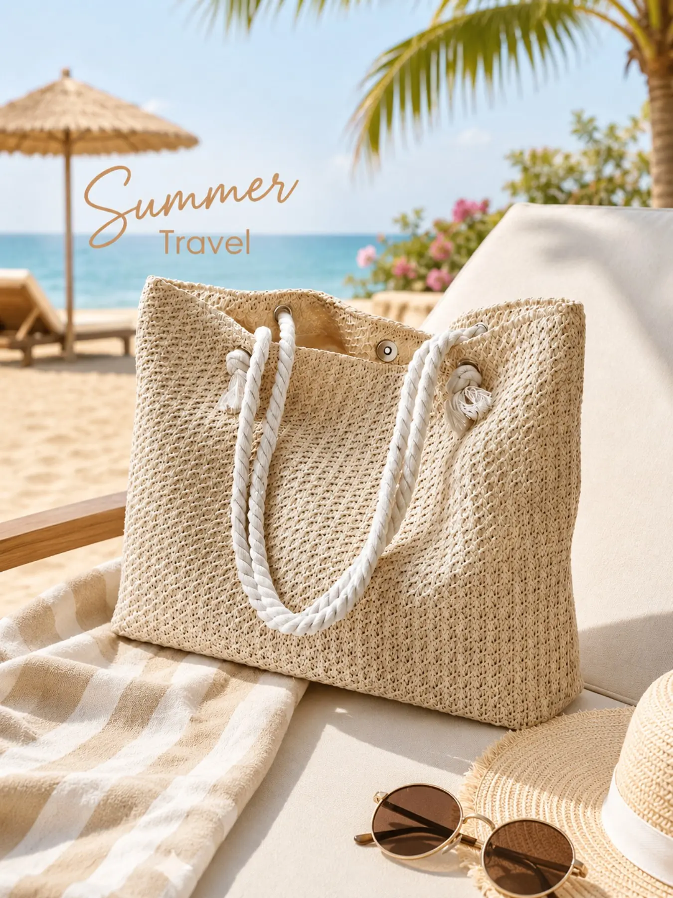 Lightweight Woven Large Capacity Tote Bag, Lightweight Versatile Tote, Summer Travel Handbag, Casual Everyday Bag, Essential Beach Accessory, Portable Vacation Bag for Teen Girls