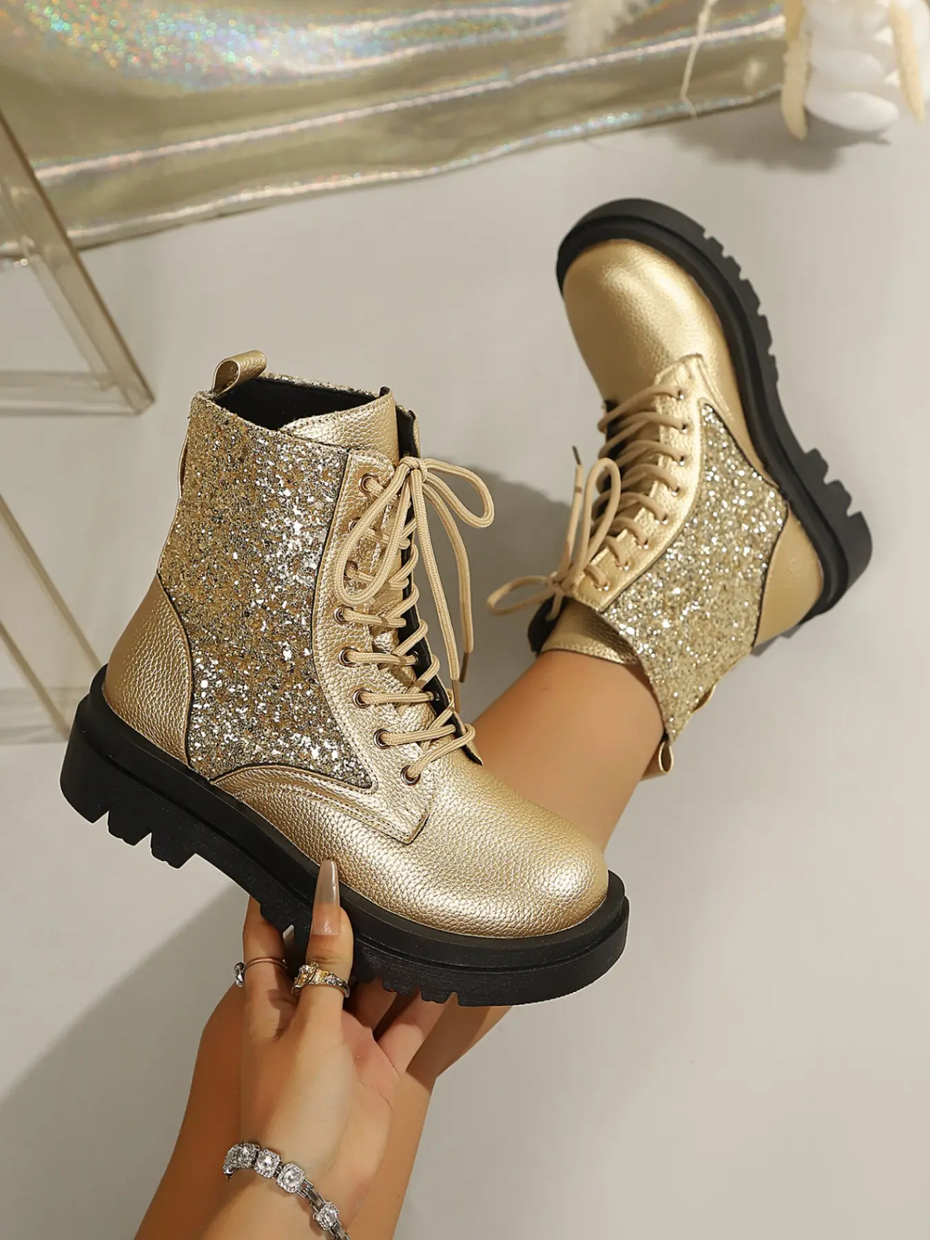 Women's Party Essential Sequin Boots, Thick Sole Lace-Up Workwear Short Boots, Fall Winter Glossy Casual Shoes, Sweet Cool Heel Slimming Boots