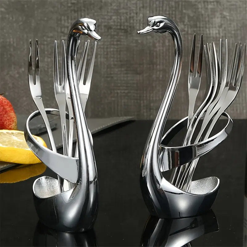 7Pcs Stainless Steel Fruit Forks Set, 5.87 Inch Silver Two-Pronged Dessert Cake Forks with Creative Swan Base Cutlery Storage Rack