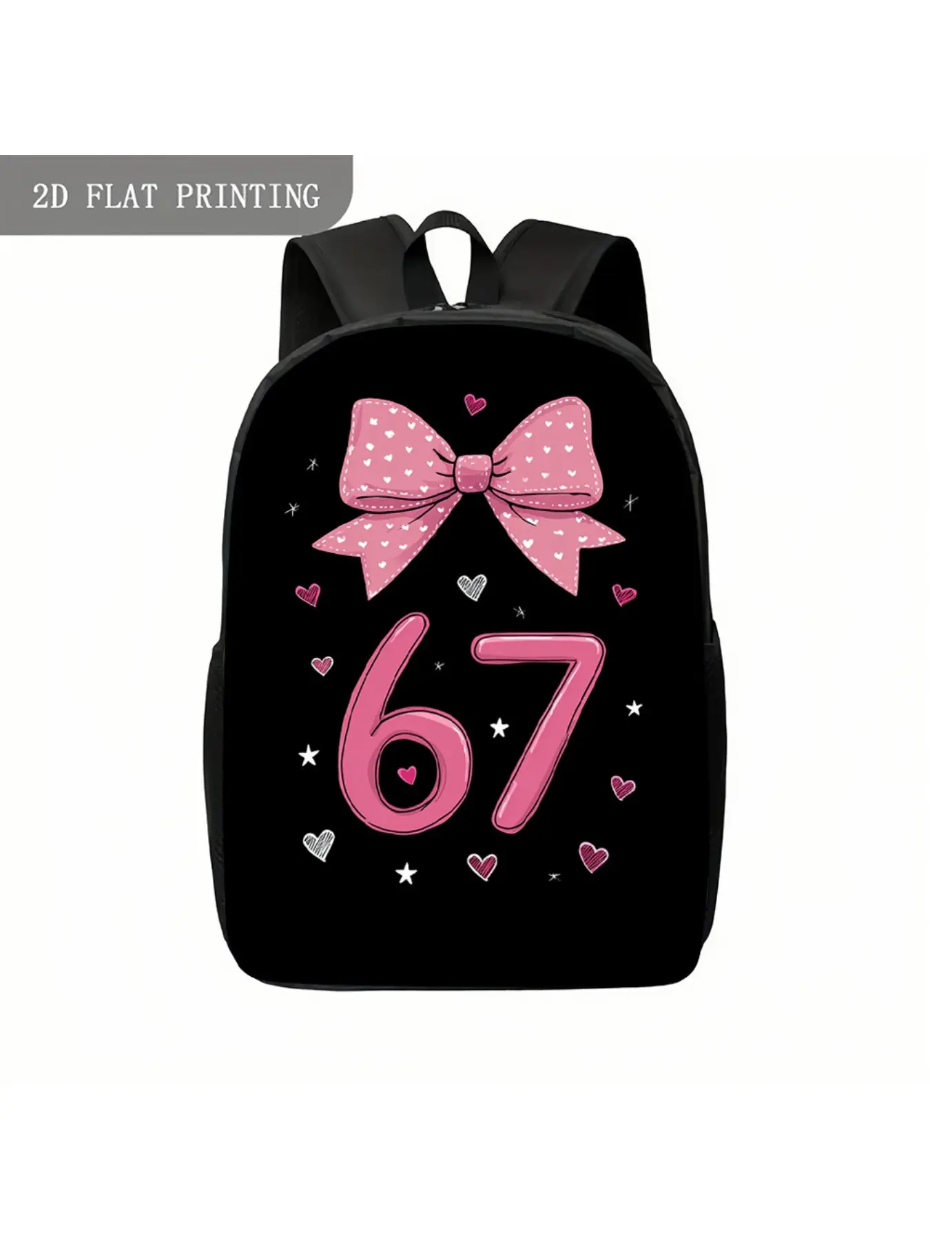 Kawaii Backpack, Lightweight Durable Bookbag with Number 67 Design Pink Bow & Heart/Star Print, Suitable for Teen School College/Campus, 1 pc