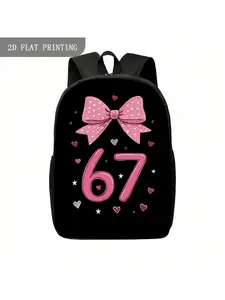 Kawaii Backpack, Lightweight Durable Bookbag with Number 67 Design Pink Bow & Heart/Star Print, Suitable for Teen School College/Campus, 1 pc