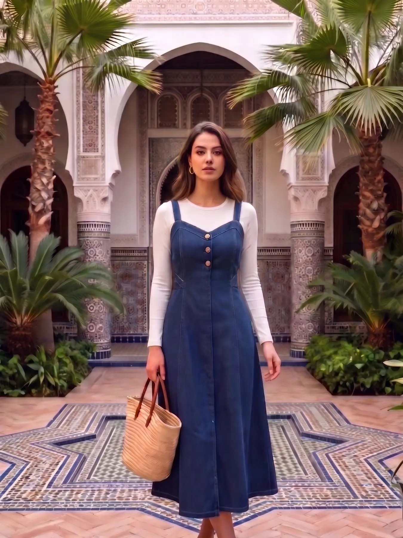 Denim Dark Wash Midi Strap Buttoned Dress, Sleeveless Front Button Design, Casual Wear Summer Vacation, Comfortable, Chic and Stylish Women's Clothing