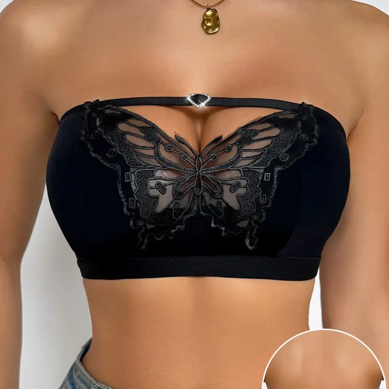 1 Piece Women's Strapless Bralette Water-Soluble Butterfly Lace Tube Top Bra with Heart Rhinestone No Underwire No Pad Sexy Crop Top for Daily Wear & Parties