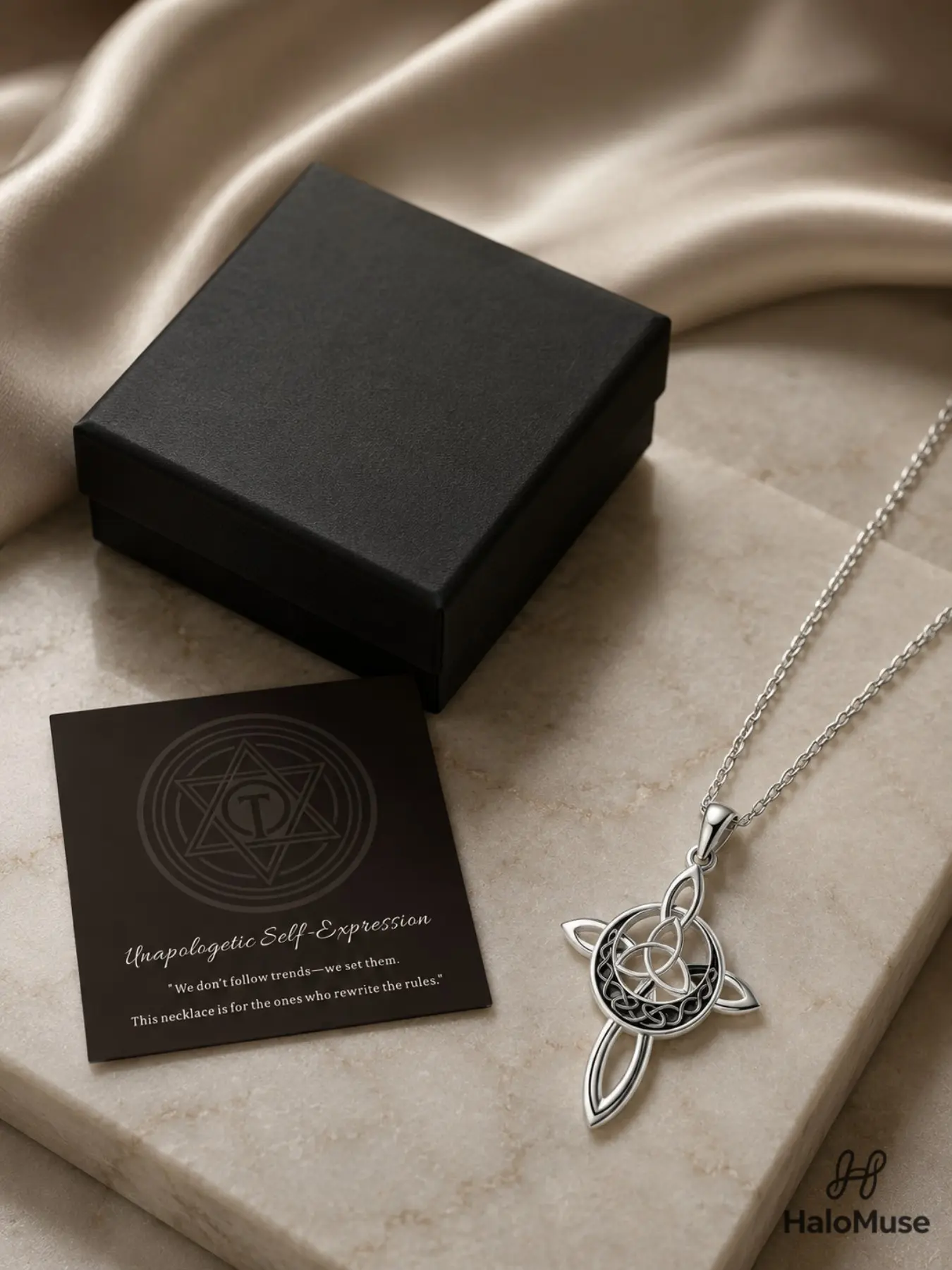 Halo Muse 1 Silver-Tone Celtic Cross Necklace Gift Set with Black Box and Card, Trinity Knot Pendant with Vintage Black Openwork, Unisex Jewelry for Daily Wear and Holiday Gifts