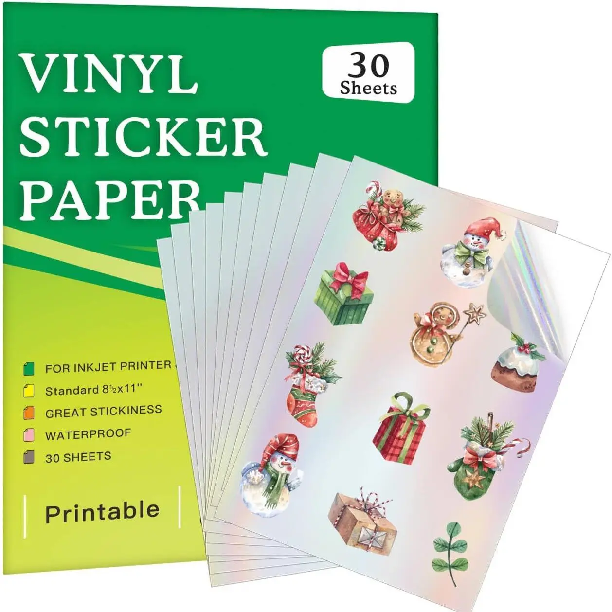 30 Sheets  Holographic Printable Vinyl Sticker Paper for Inkjet Printer, 8.5x11" Holographic Printer Paper , Dries ,  Colors,  for  Machines