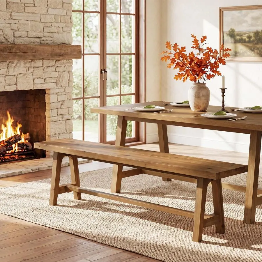 Solid Wood Dining Bench, 63 Inch Long Farmhouse Kitchen Bench For Dining Room, Kitchen, Easy To Assemble, Brown,decor,