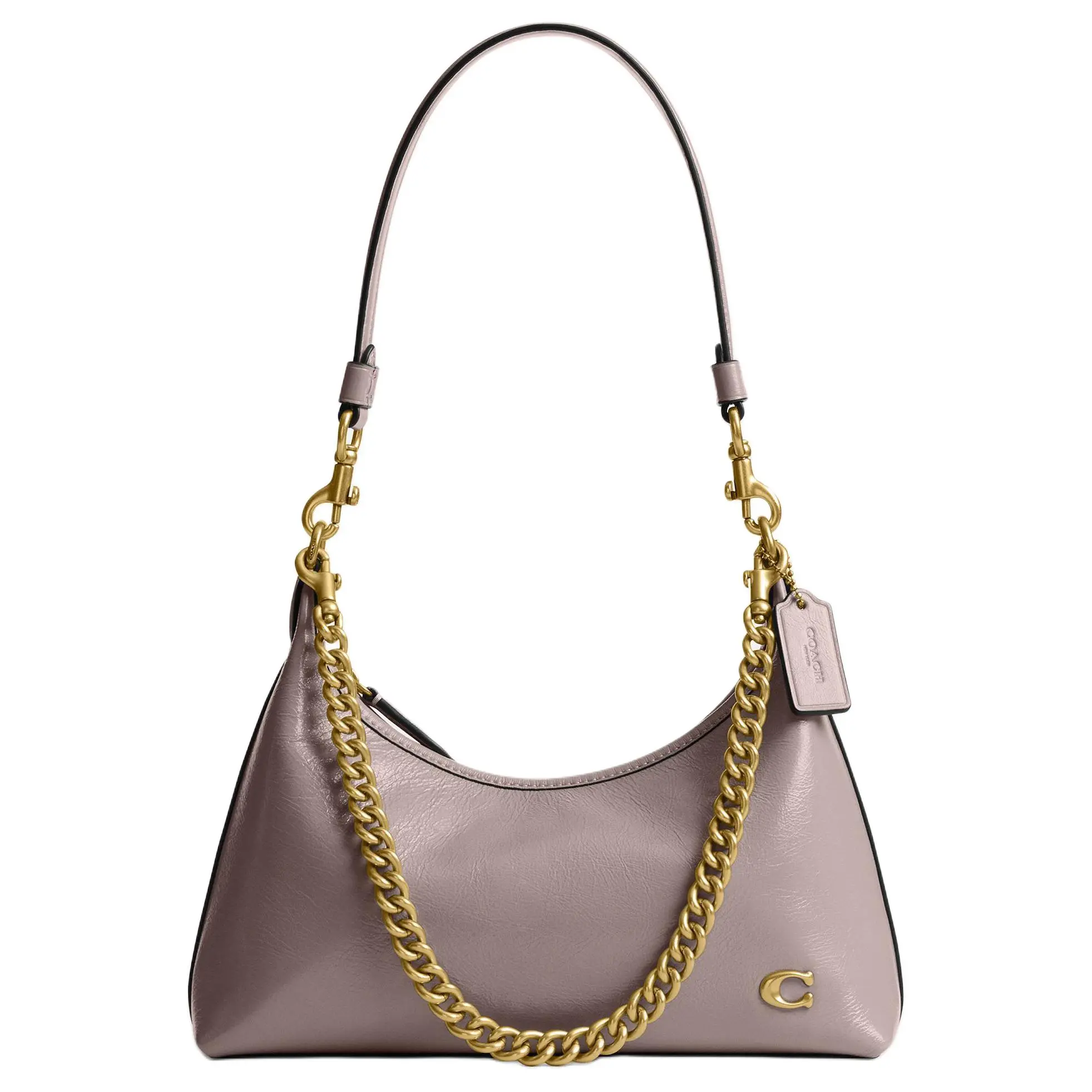 COACH Juliet 25/28 Crossbody Handbag for Women – Metallic Logo, Detachable Strap, Full-Grain Leather, Ash Gray