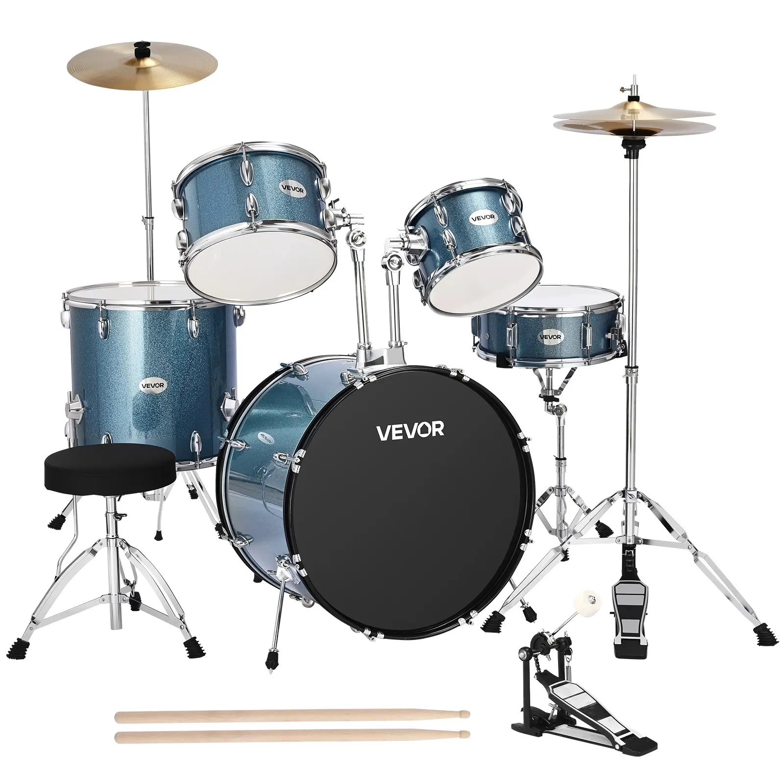 【DealsForYouDays】VEVOR Drum Set, 5-Piece 22 in Junior Drum Sets, Beginner Drums Set with Adjustable Throne, Cymbal, and Drumsticks, Musical Learning Drums Instrument Kit, for Beginner, Teens Student (Gravel Blue)