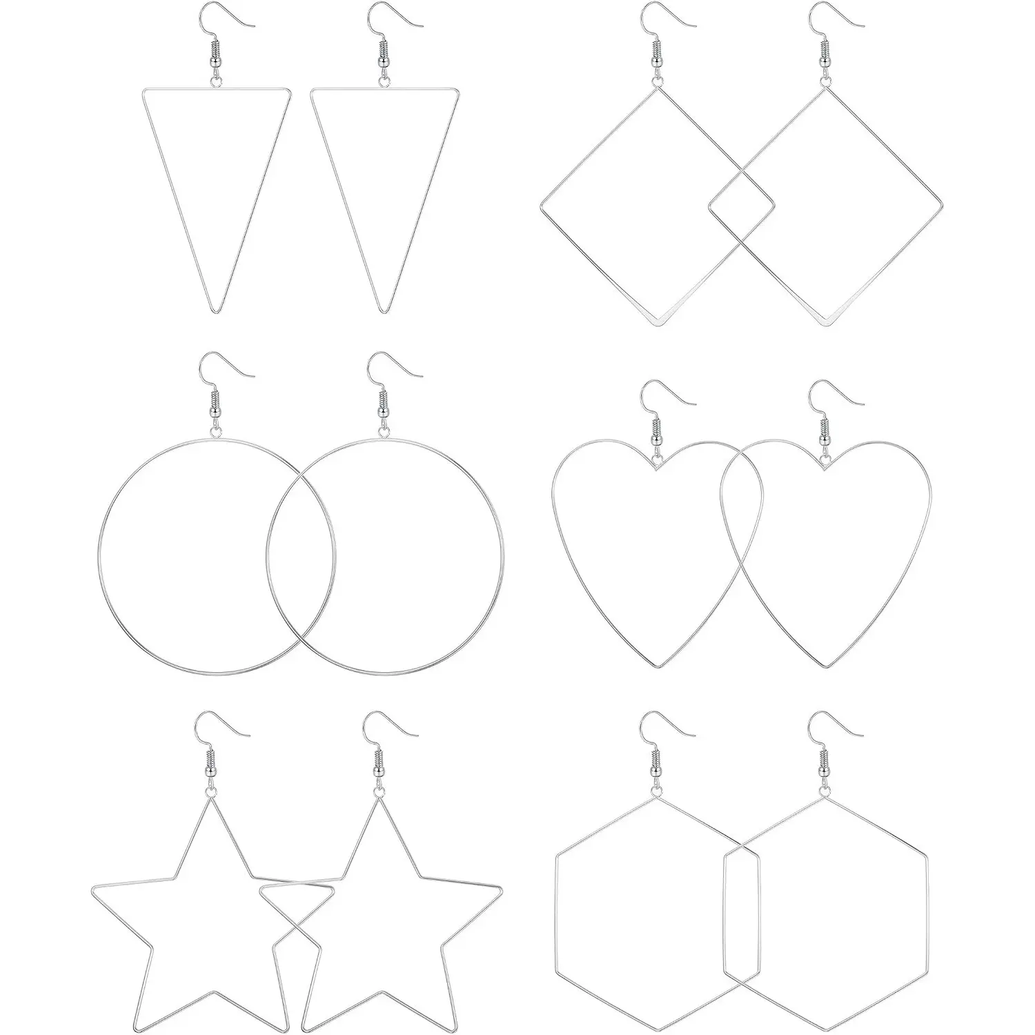 6 Pairs Wire Hoop Earrings for Women, Heart Star Triangle Minimalist Fish Hook Dangle Earrings, Lightweight Stainless Steel Stud Earrings Set