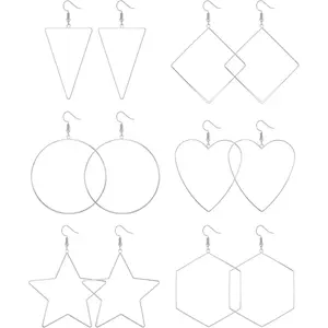 6 Pairs Wire Hoop Earrings for Women, Heart Star Triangle Minimalist Fish Hook Dangle Earrings, Lightweight Stainless Steel Stud Earrings Set