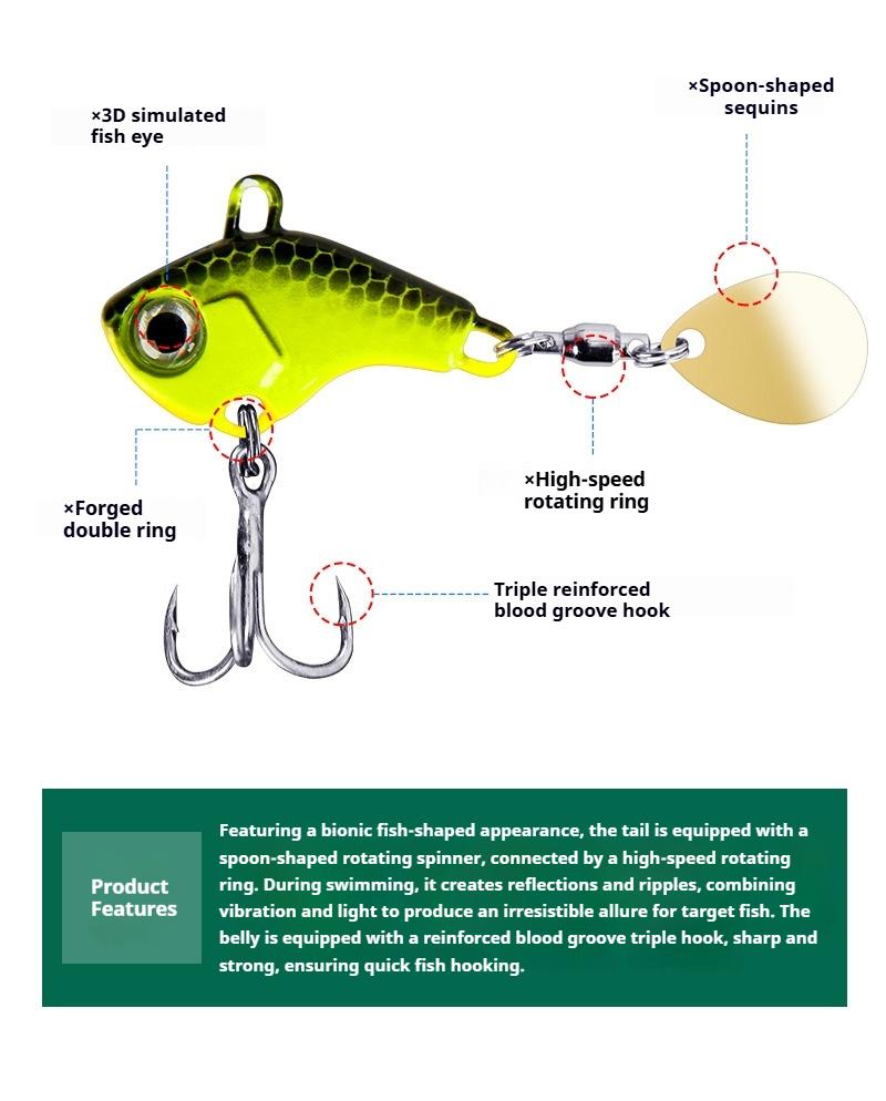 Spinning spinner lures with head weights ensure accurate casting over long distances, reflective surface attracts fish, and has a high hook-up rate. Small whirlwind thumb-vibrating lures, set of 6, available in different weights.