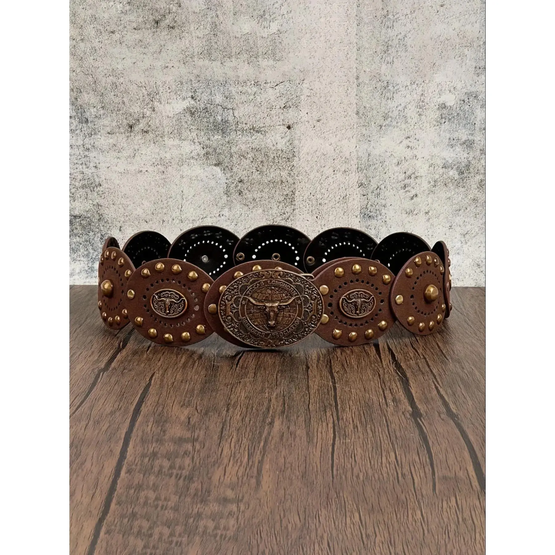 Women's Western Cowboy Style Wide Belt, PU Leather Material, Antique Copper Rivets, Bohemian Carved Bull Head Buckle, Cowgirl Belt, Western Belt Buckles, Western Cowboy Belts, Cowgirl Boho Belt, Belt With Buckle
