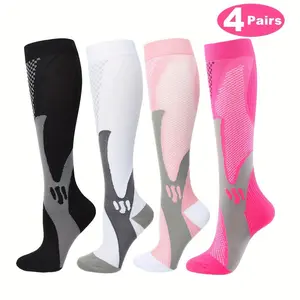 4 Pairs Knee High Compression Stockings for Male, Professional Tight Socks for Gym, Marathon Running, 2Black 2White (4 Black Total)