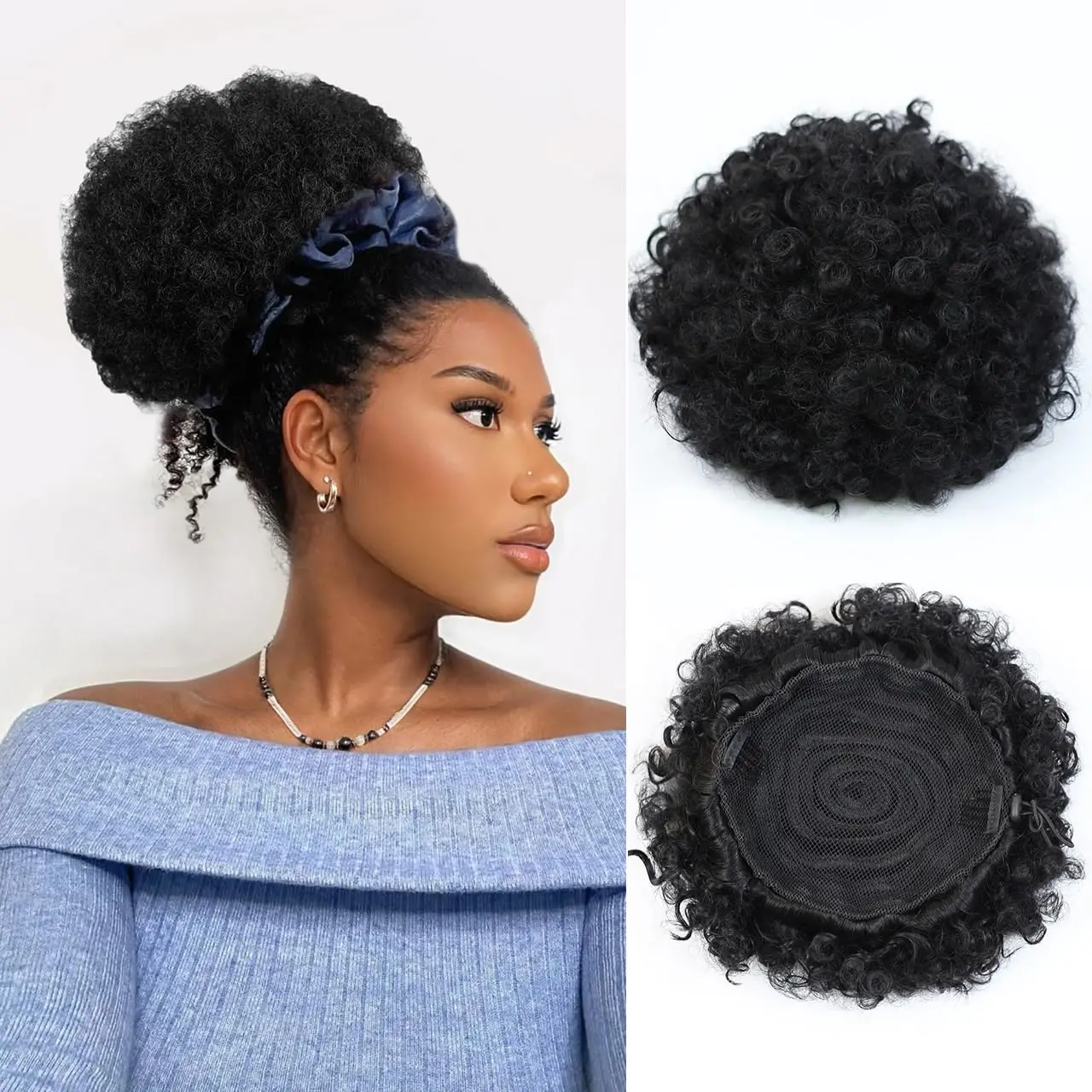 Afro Puff Drawstring Ponytail For Black Women, 8 Inch Nature High Puff HairStyle With Clip Black Curly Afro  Hair Bun Synthetic Updo Hair for Women,Girls(1B)