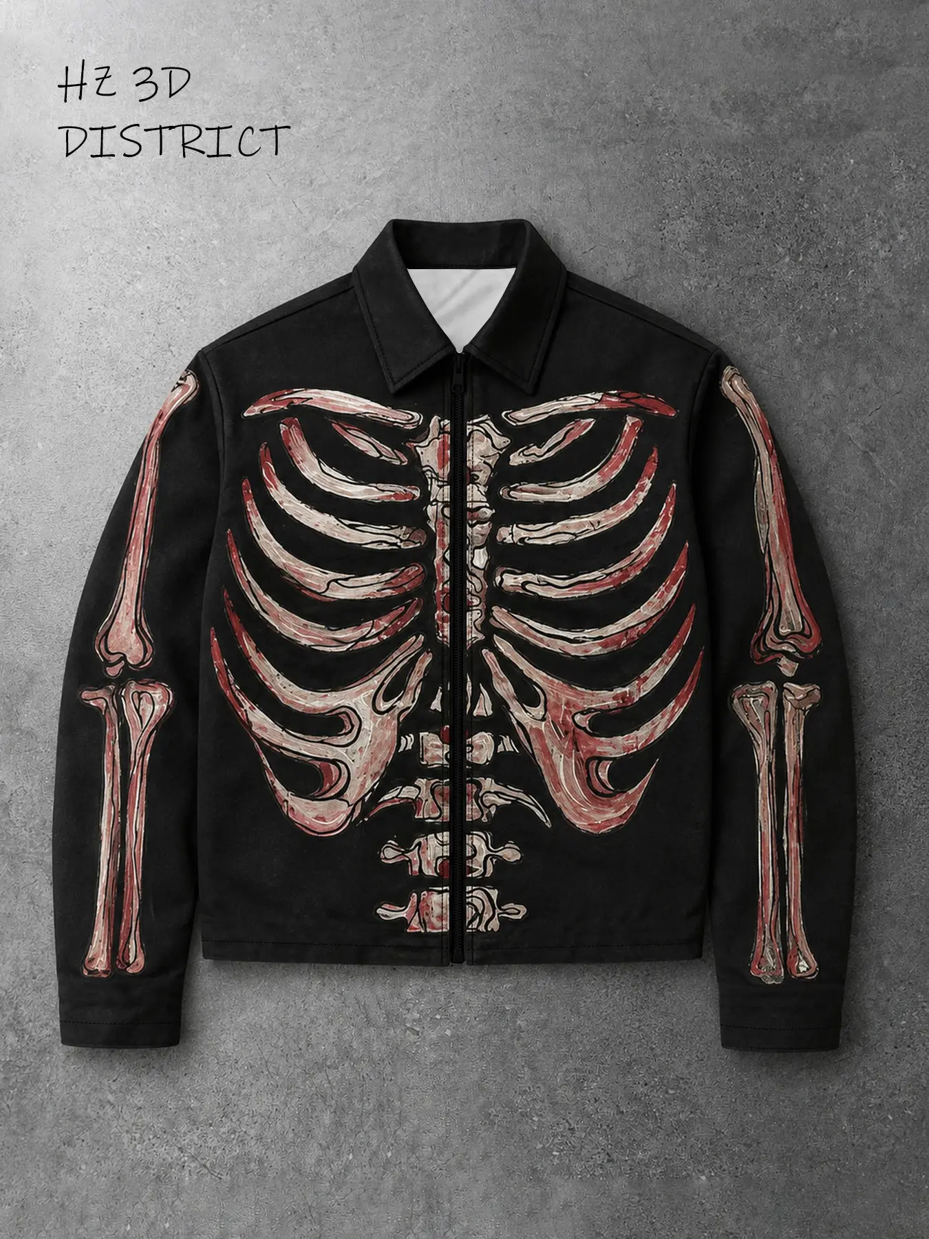 HZ 3D DISTRICT  3D Skeleton Print Notch Lapel Jacket, Zipper Closure Loose Fit Long Sleeve Top, Dark Subculture Halloween Theme Fashion Unisex Outerwear