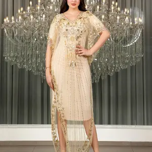 Elegant Dubai Abaya Dress Bat Sleeve V Neck Mesh Beaded Embroidery Cape Overlay Muslim Dresses Designer Evening Gowns for Women