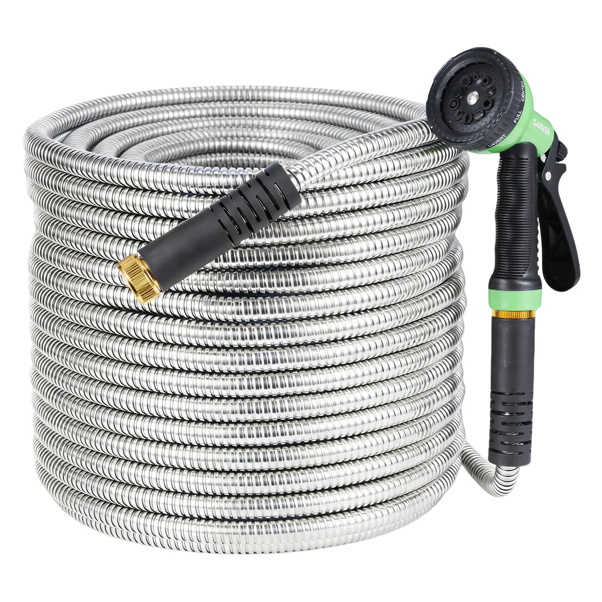 25 FT Stainless Steel Garden Hose – Flexible, Kink-Free Metal Water Hose – 10-Function Spray Nozzle, Brass 3/4" Connectors – US Standard