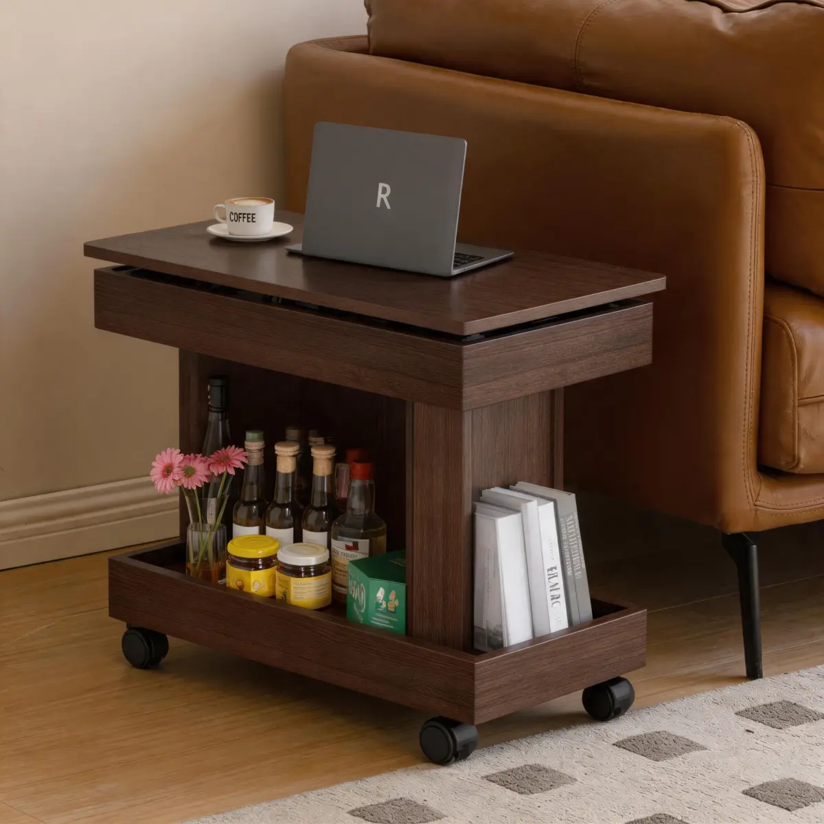 360 °   Rotating Small Coffee Table with Wheels Rolling End Table with Storage Compartment Mobile Beside Table for Living Room Bedroom Natural Home Furniture