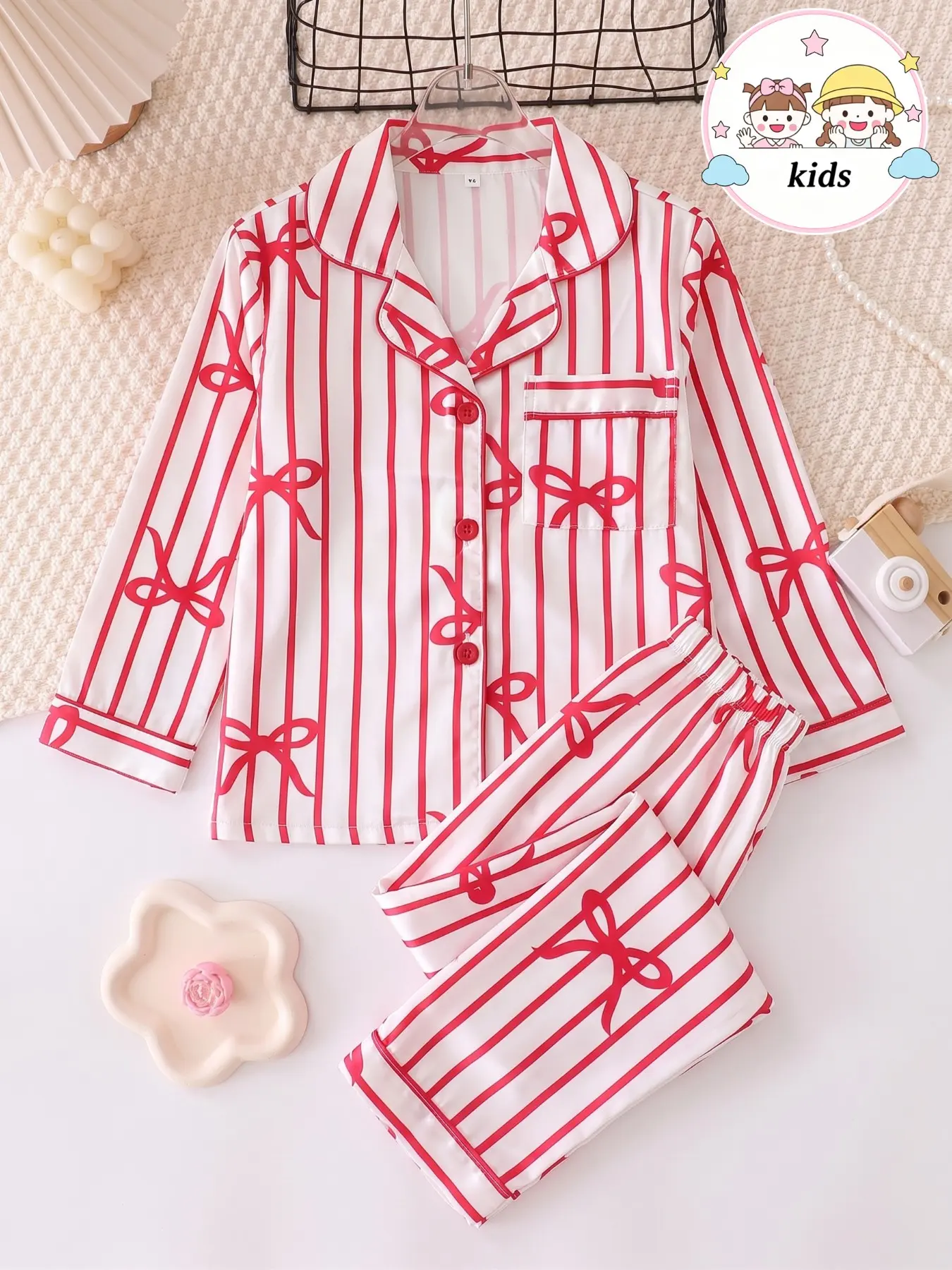 Girls' Striped Bow Print Pajama Set, Soft Chiffon Material, Long Sleeve Button-Up Top + Elastic Pants, Comfortable All-Season Sleepwear