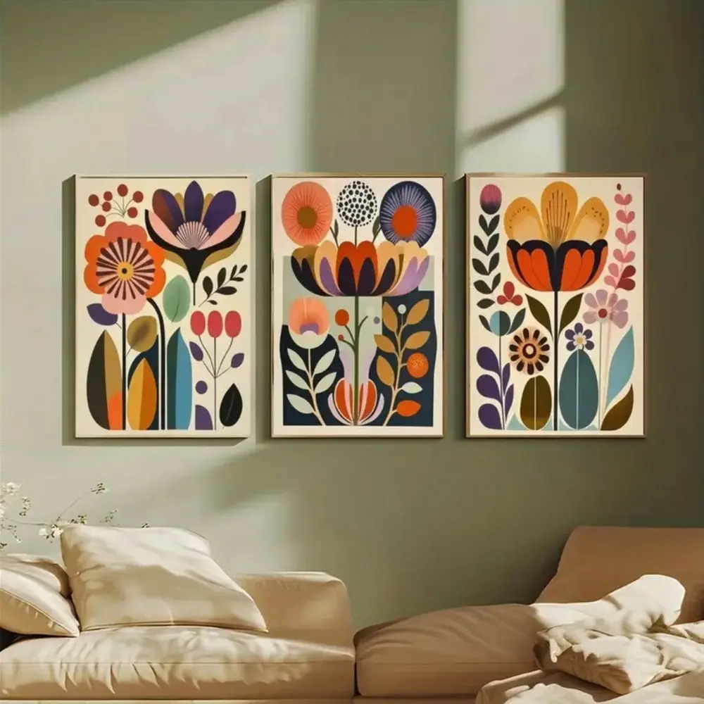 3 Pieces Nordic Folk Art Floral Canvas Prints, Boho Botanical Wall Mural, Natural Ethnic Home Art, Eclectic Gallery Decor, Warm Tone Poster, Wall Decor for Bedroom and Foyer, Framed or Unframed.