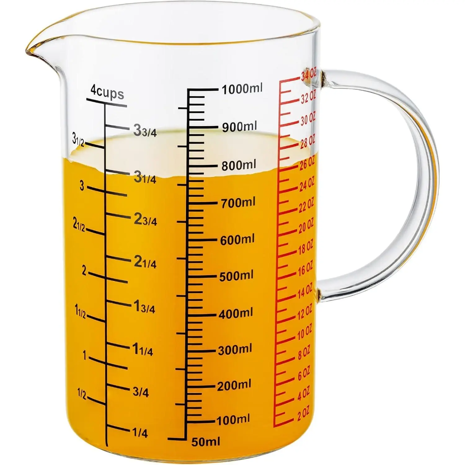 Ackers BORO3.3 Glass Measuring Cup-[Insulated handle | V-Shaped Spout]-Made of High Borosilicate Glass Measuring Cup for Kitchen or Restaurant, Easy to Read, 1000 ML (32 Oz, 4 Cup)
