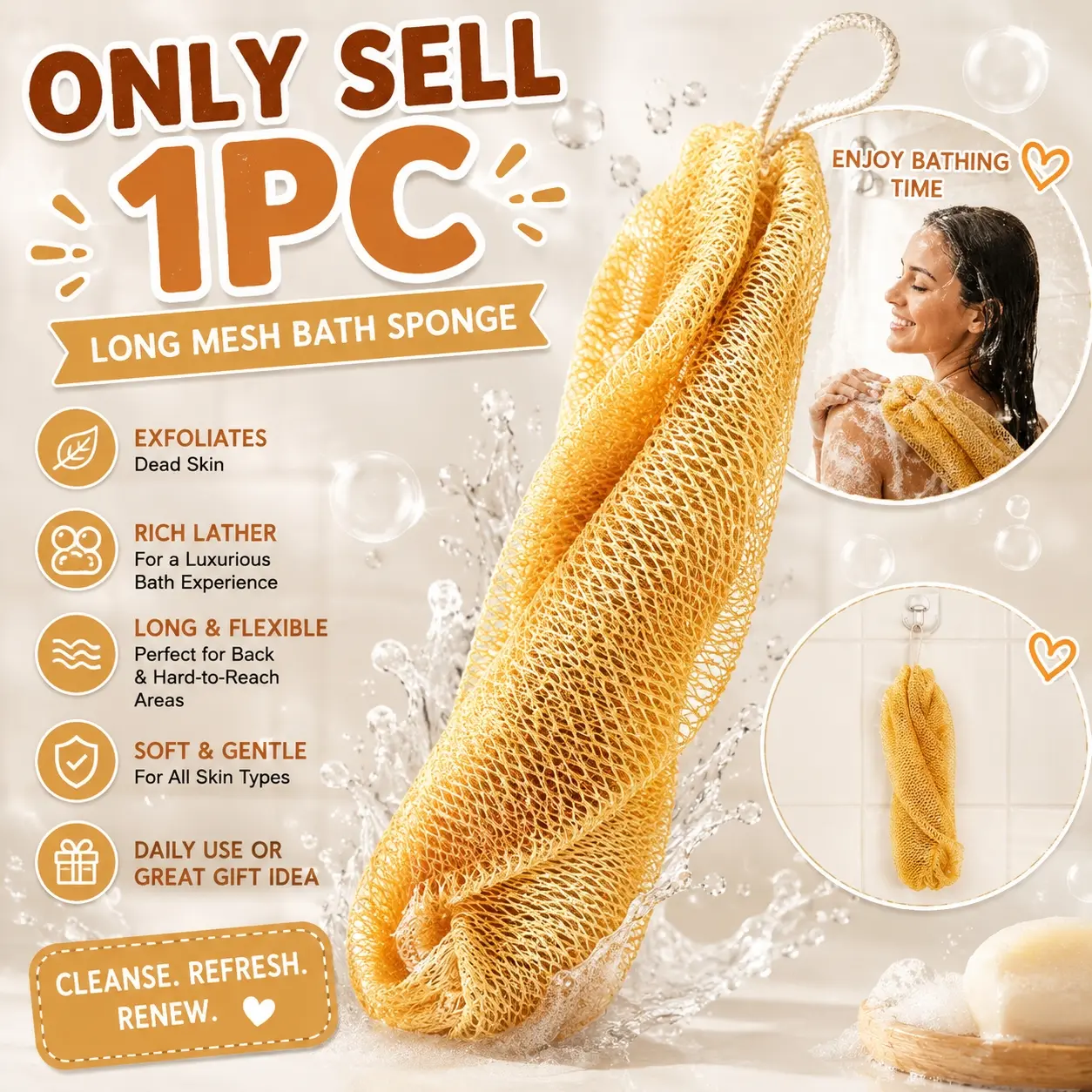 1pc long mesh sponge bath net for body scrubbing, back washing, and smooth skin, suitable for daily use or as a small gift