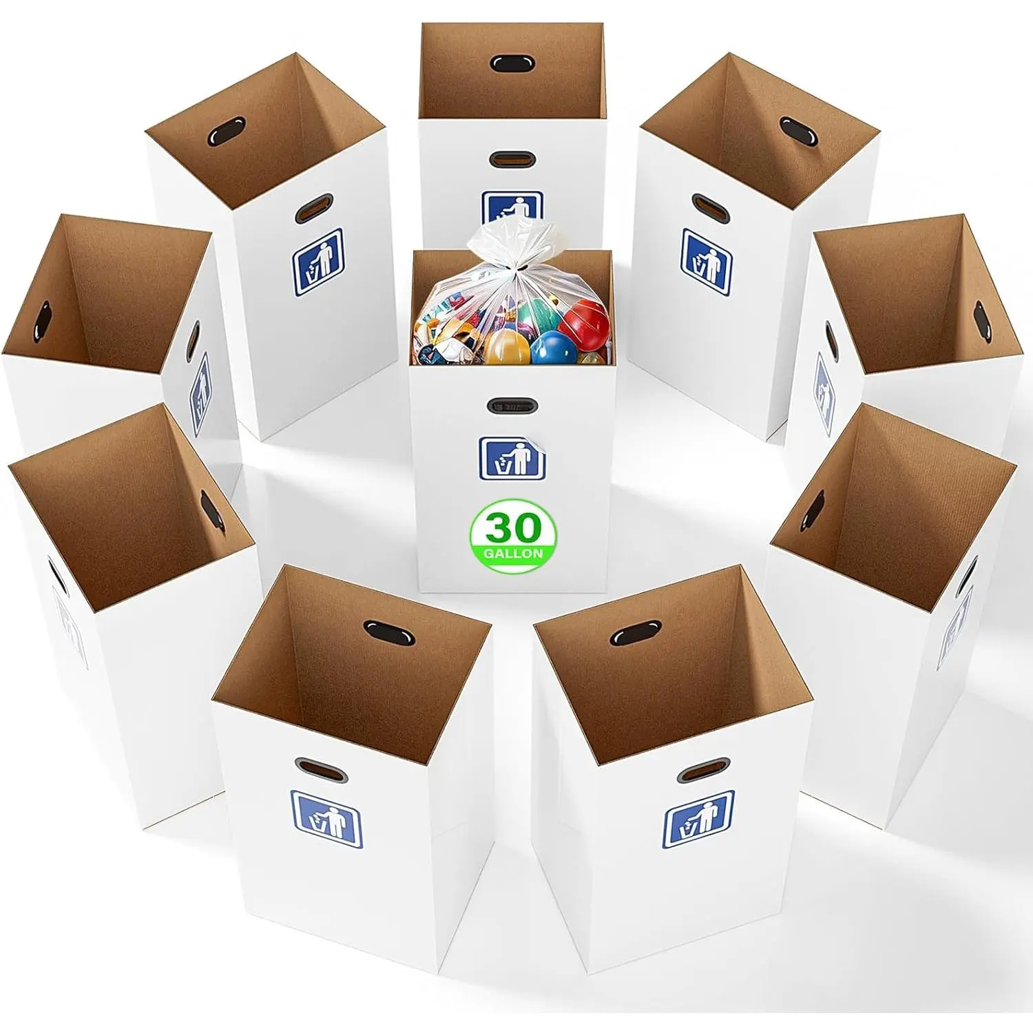 10 Pack 30 Gallon Disposable Collapsible Pop Up Trash Can with Handle, Thick Recycled Cardboard Bins Includes 20Pcs Garbage Bags for Parties Events Camping, White