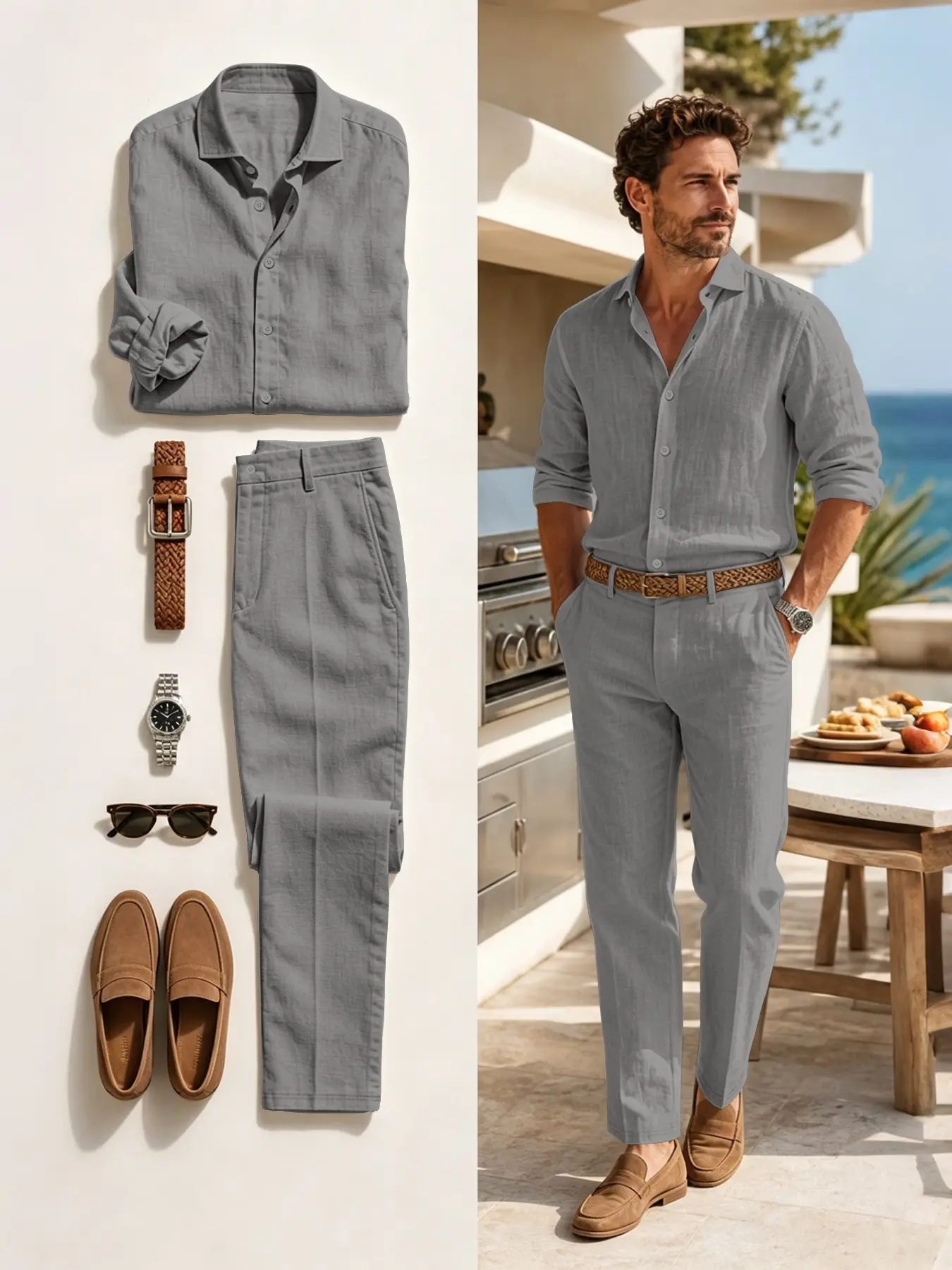 Men's Linen Two-Piece Set, Lightweight Long Sleeve Shirt and Pants, Casual Daily Wear, Summer Autumn Beach, Button Front Design