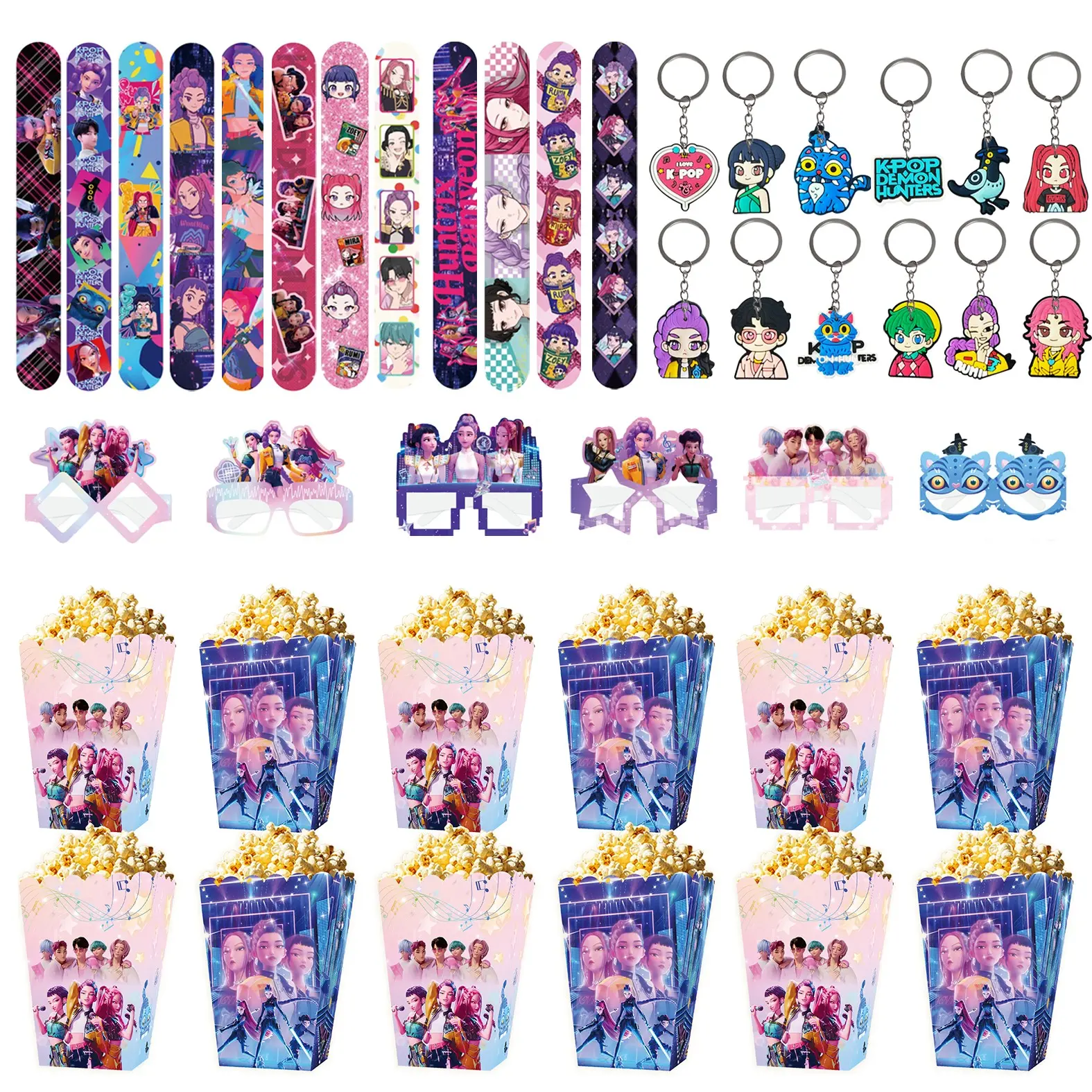 Korean cartoon girl group practical birthday party favor set, 4 pieces, including 12 bracelets, 12 keychains, 12 snack popcorn boxes, 12 party decoration glasses. This is the preferred choice for parties and gatherings, and friends all ask for the link