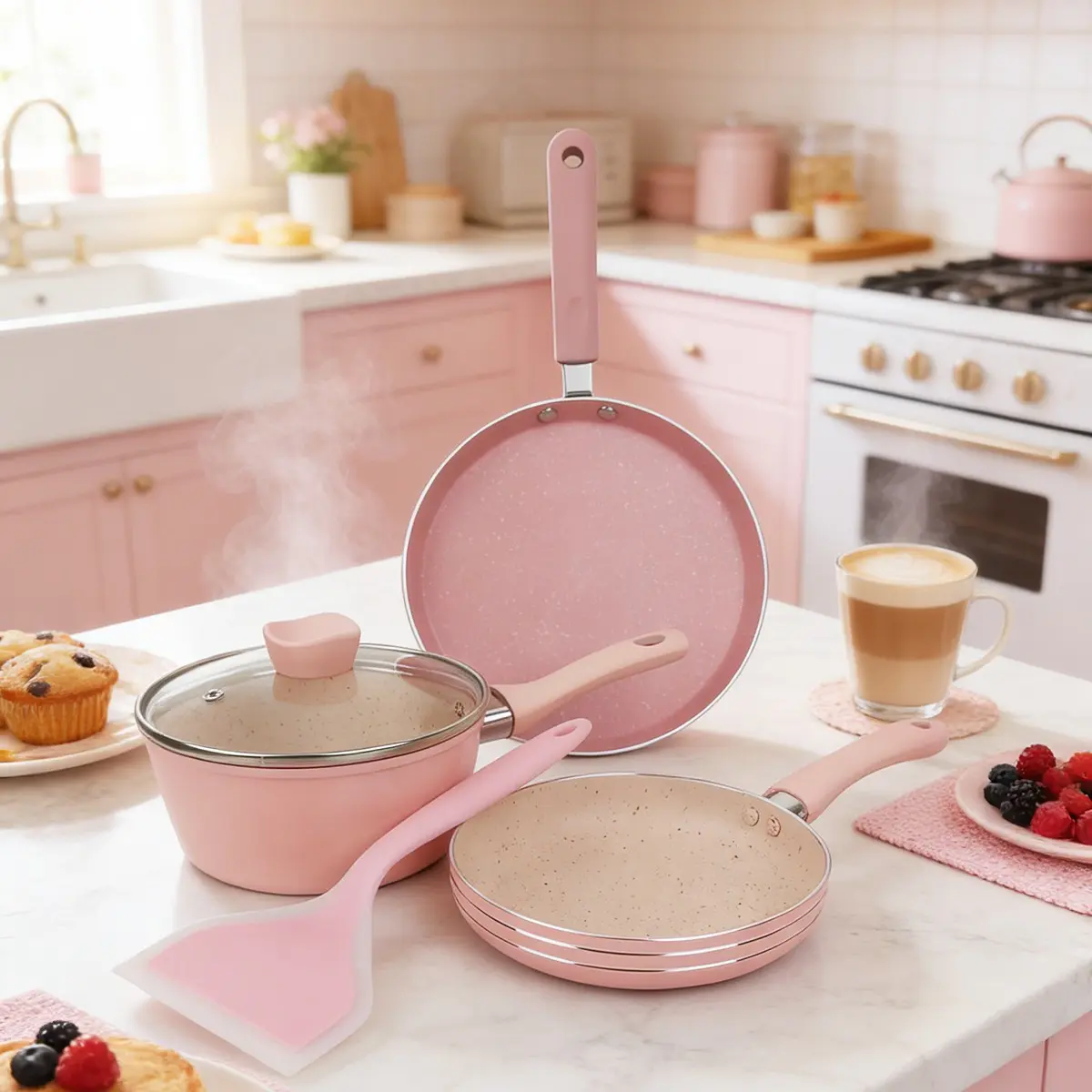 Nonstick Mini Cookware Set, Cooking Set, 6.3in Egg Pan, 8.7in Crepe Pan, 6.3in Milk Pot, Silicone Spatula, All Stovetop Compatible, Home Breakfast Essentials, Compact
