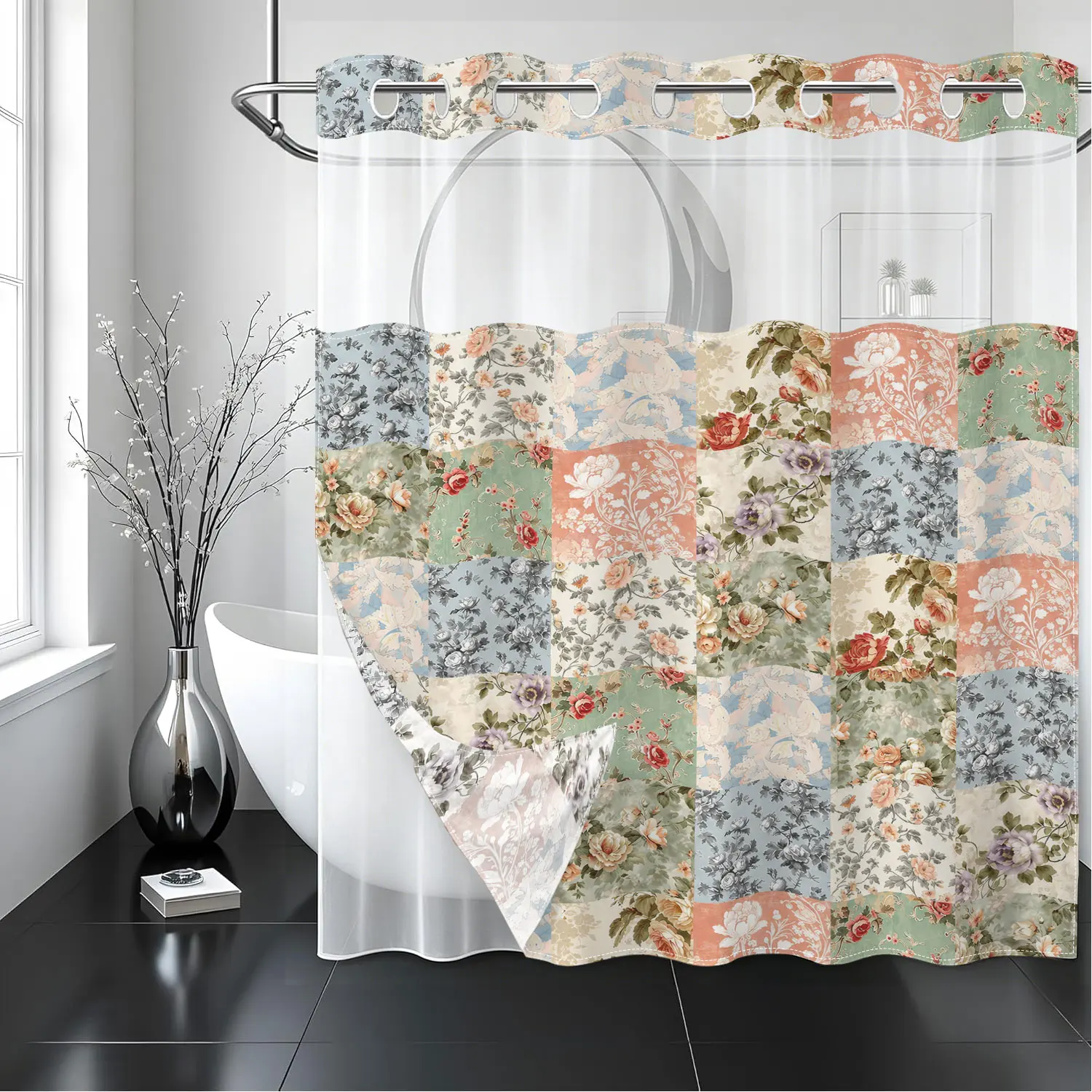 Premium Double Layer Hookless Shower Curtain Set with Removable Waterproof Liner, Vintage Floral Patchwork Design with Sheer Top Window, Heavy Duty Snap in Fabric Washable Bathroom Decor, 71x74 Inch