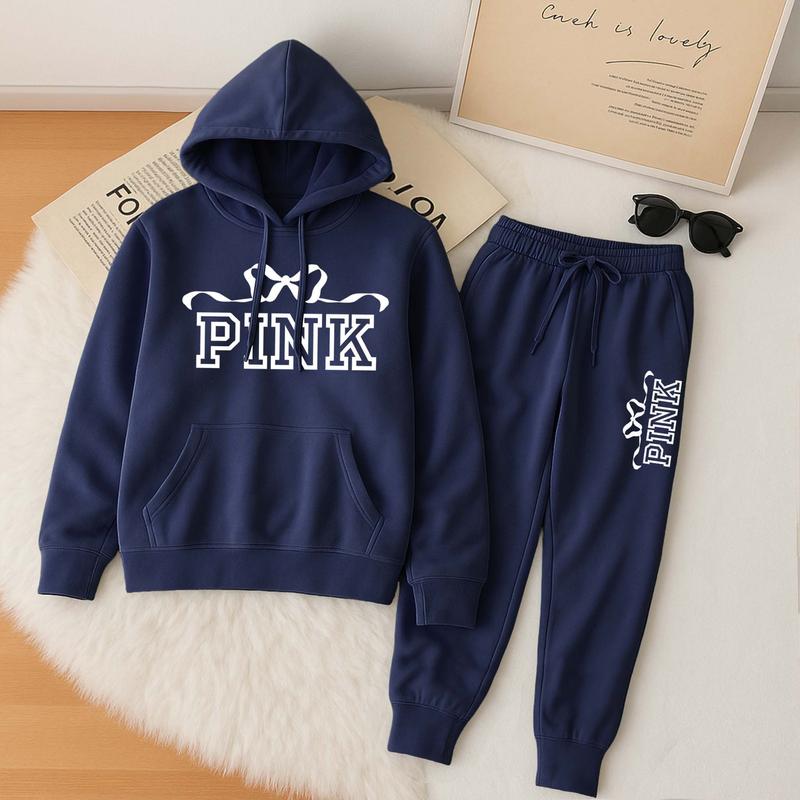 Women's Bow Tie Print Hoodie And Drawstring Track Pants Set, Casual Sportswear, Long-Sleeved Hooded Jacket And Pants, Suitable For Autumn And Winter, Everyday Wear, Indoor And Outdoor Sportswear, Casual Sportswear.