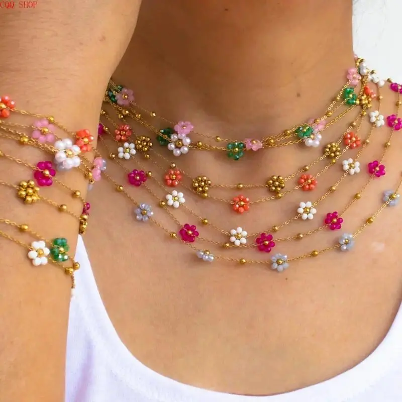 Women's 2-Piece Boho Hand-Woven Floral Multicolor Seed Bead Stainless-Steel Jewelry Set - Flower Necklace & Bracelet, Artisan-Made, Nature-Themed Floral Motif Jewelry for Women, Daily Elegance Accessories for Beach Trips & Music Festivals, Accessories For