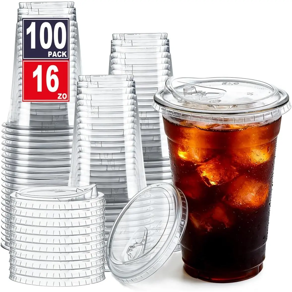 100 Pack 16 oz Clear Plastic Cups with Sip  for Iced Coffee Cold Drink | Disposable, To Go, , , Smoothie, Dirty Soda, Lemonade, Bar Accessories, Strawless, Leak Proof, Party, Bulk