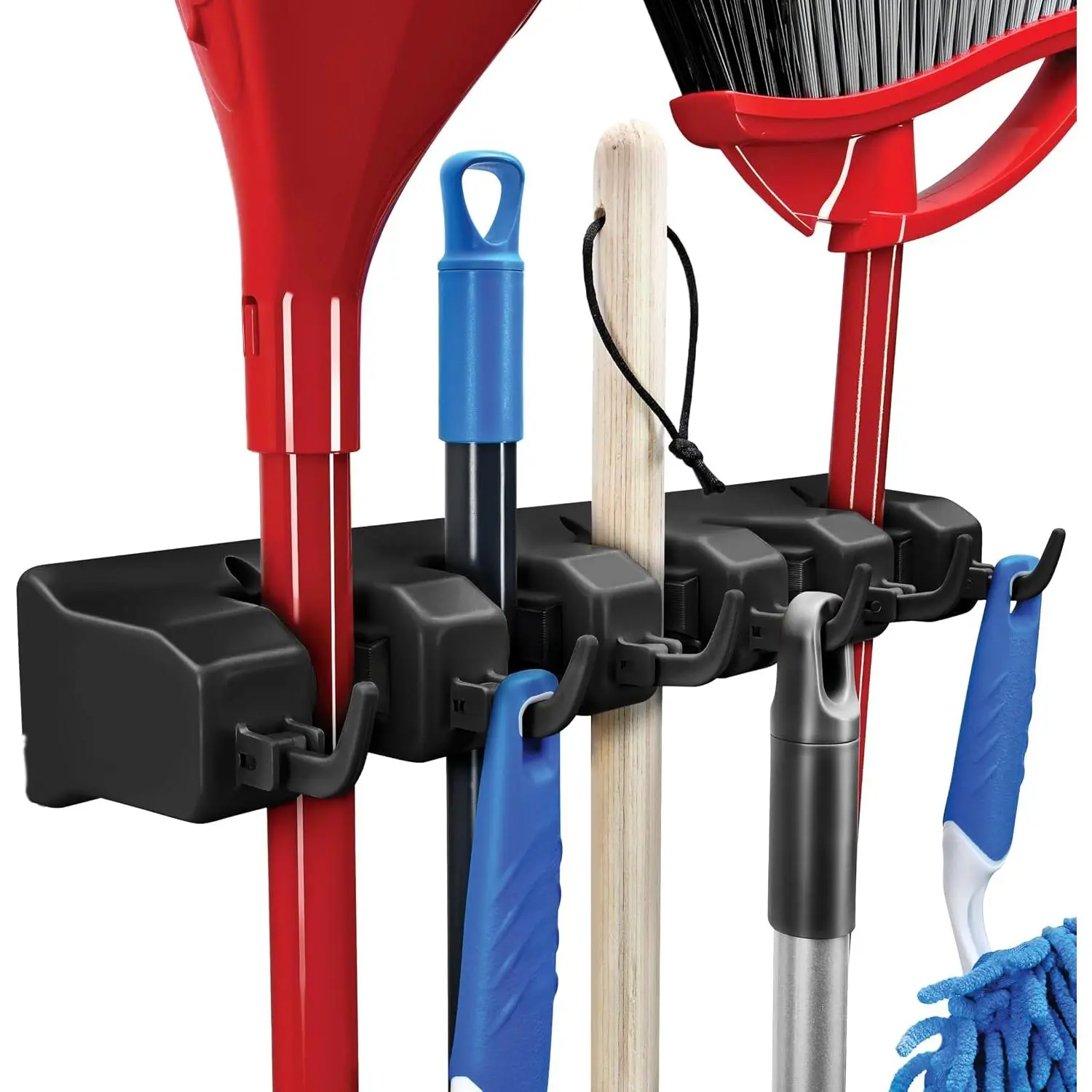 Hangable Wall-Mount Mop and Broom Holder 1 Pack - Functional Tool Storage with 5 Slots, 6-Hook System, 7.5lbs Capacity Per Slot - Garage, Home Kitchen Organization Black Hanger, Plastic