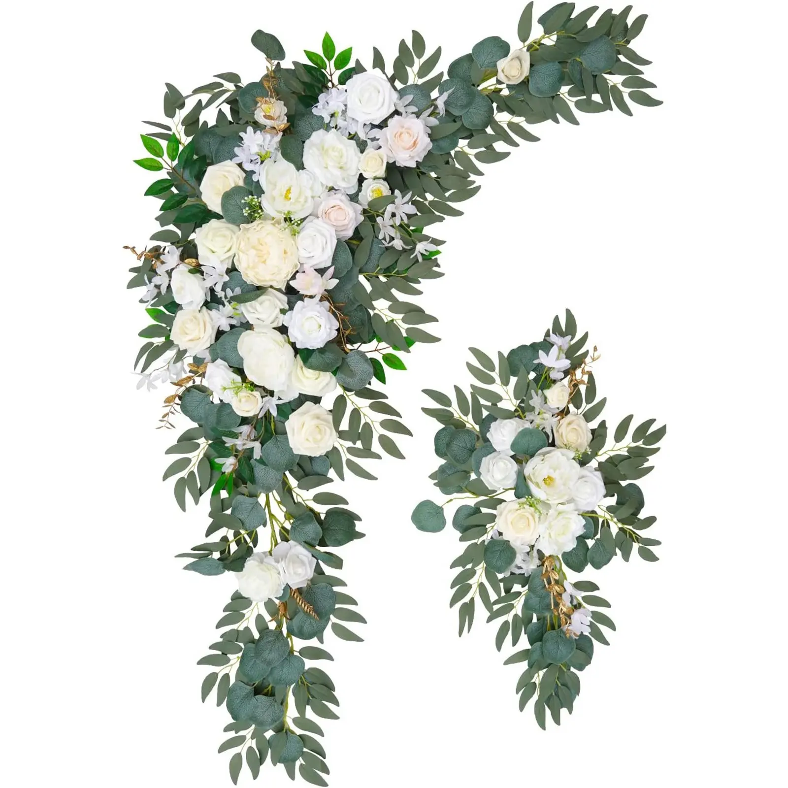 2 PCS elegant big white artificial wedding arch decoration flowers, romantic simulated roses paired with green leaves, suitable for banquets, parties, reception entrances, welcome signs, wedding background decoration, outdoor garden decoration