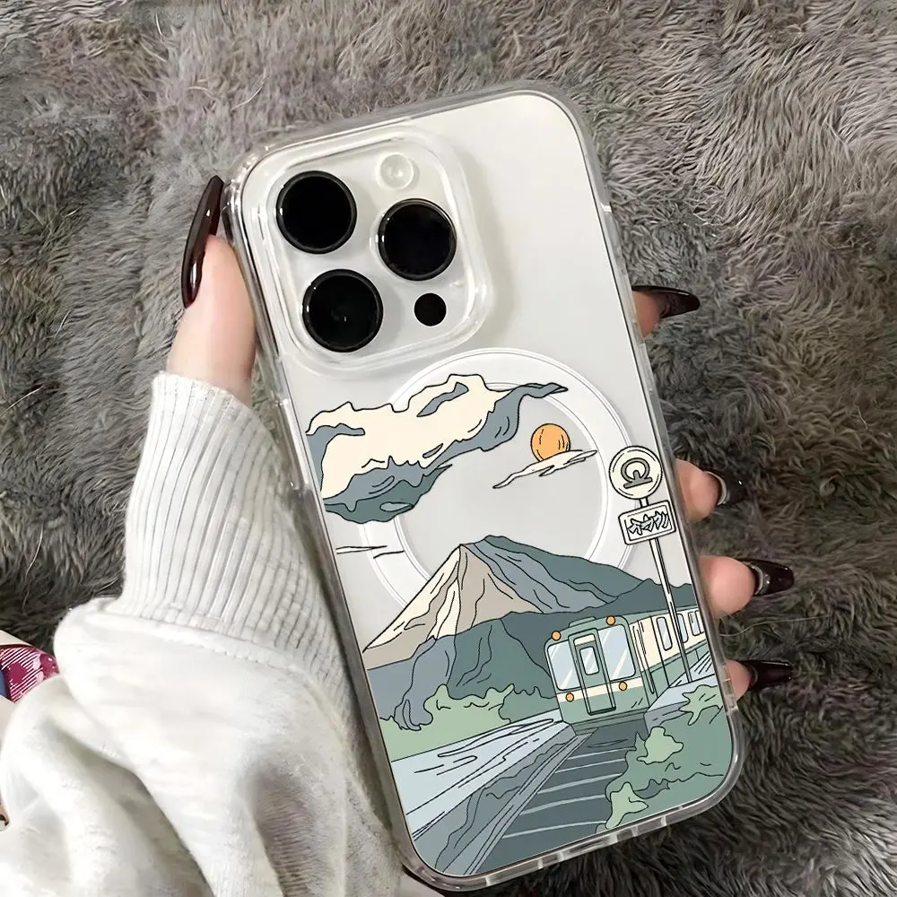 Phone Case: Japanese Landscape Aesthetic Style Printed Phone Case with The Magnetic for iPhone 17 E Air Pro ProMax iPhone16 15 14 Plus 13 12 11 X XS XR Anti Transparent Acrylic Magnetic Funda Case with Mount Fuji Train And Sunset Scene