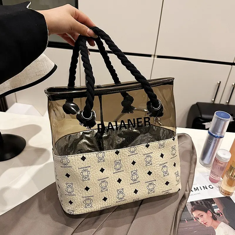 2026 Large Capacity Handheld Makeup Bag, Trendy Semi-Transparent Print Travel Case, New Korean Style Cosmetic Organizer for Business and Beach Trip