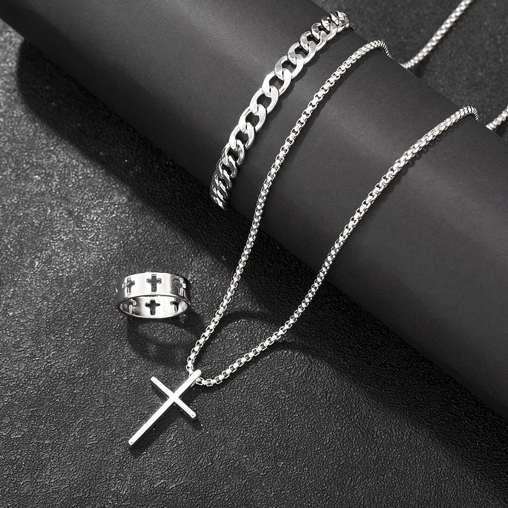 Silver Cross Jewelry Set for Men, Cuban Link Bracelet Cross Pendant Necklace Ring