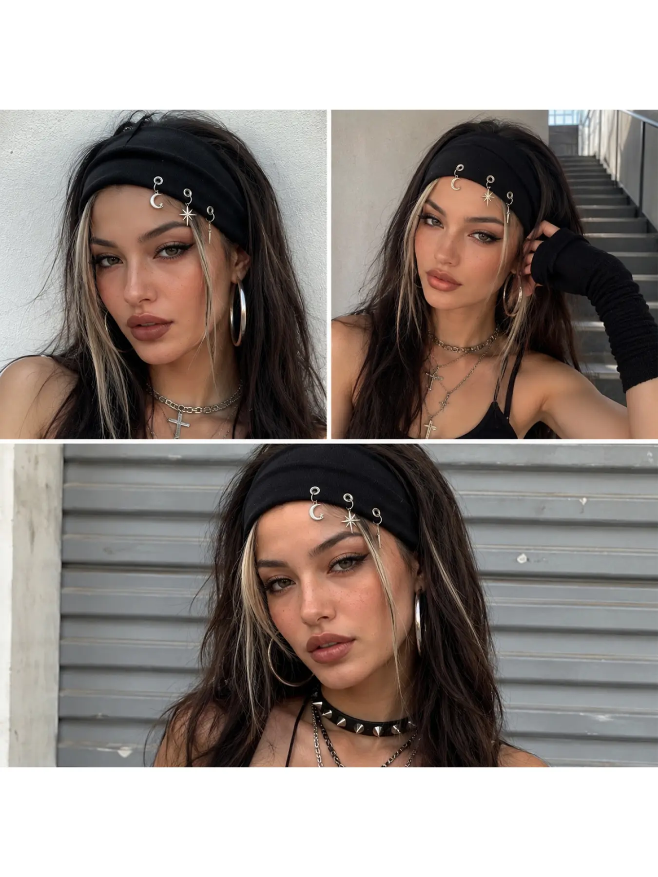 Festival Rave Moon Star Charm Headband for Women, Y2K Gothic Punk Elastic Wide Head Wrap, Edgy Black White Gray Hairbands, Goth Hair Accessories, Perfect for Concert, Halloween Costume and Streetwear