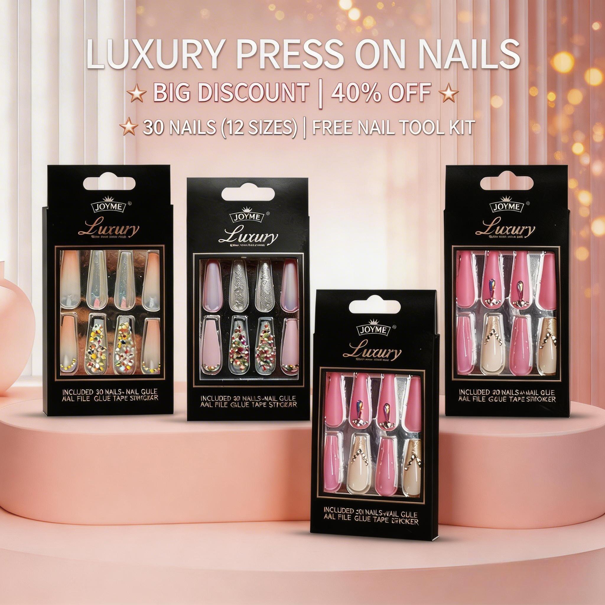 30Pcs Luxury 3D Embossed Long Coffin Press On Nails, Large Rhinestone Inlay Reusable False Nails with Glue & Full Tool Kit for Women