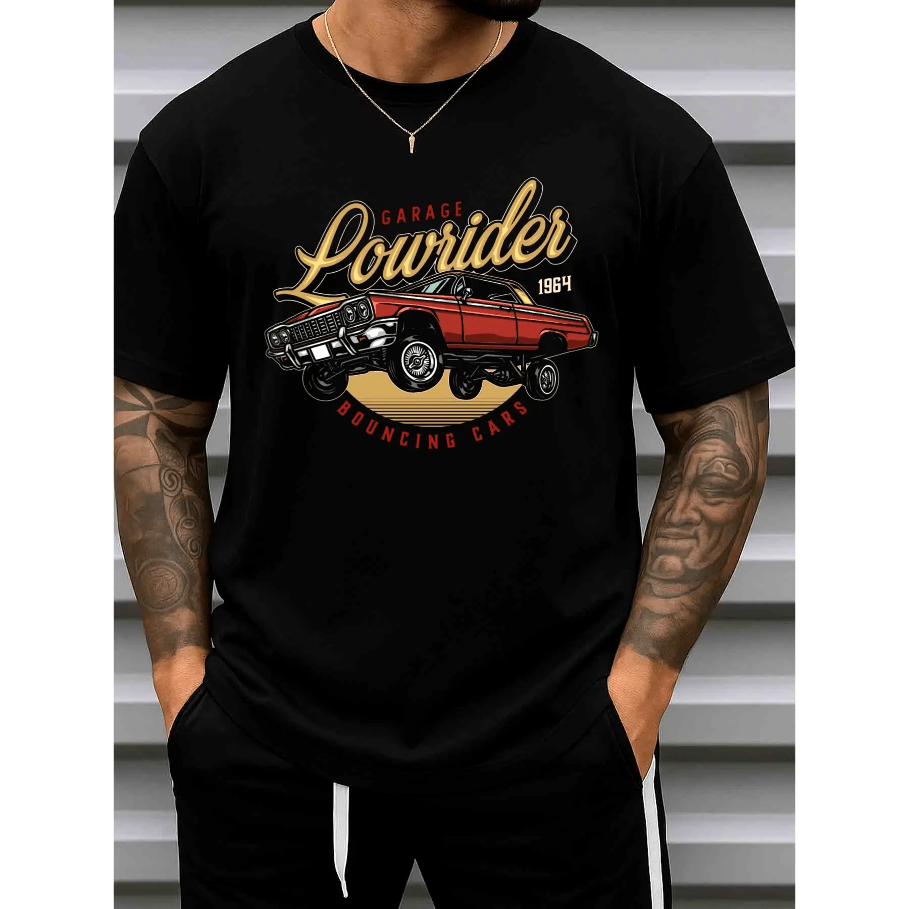 Men's Lowrider 1964 Vintage T-Shirt - Retro 1964 Car Culture Design Short Sleeve Round Neck Casual Tee for All-Season Wear, Gym & Christmas Gifts (Black)