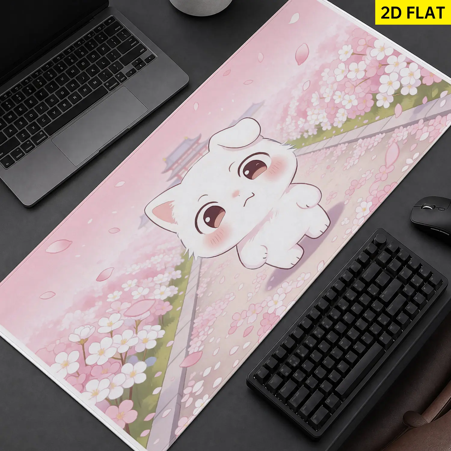 Extra Large cute white kitten cherry blossom Mouse Pad,Non Slip Rubber Pad,Desktop Decoration Drotection Pad,Washable,Lock Edge Multi Size,Premium Multipurpose Mousepad For Home,Office,Gift for Family and Friends