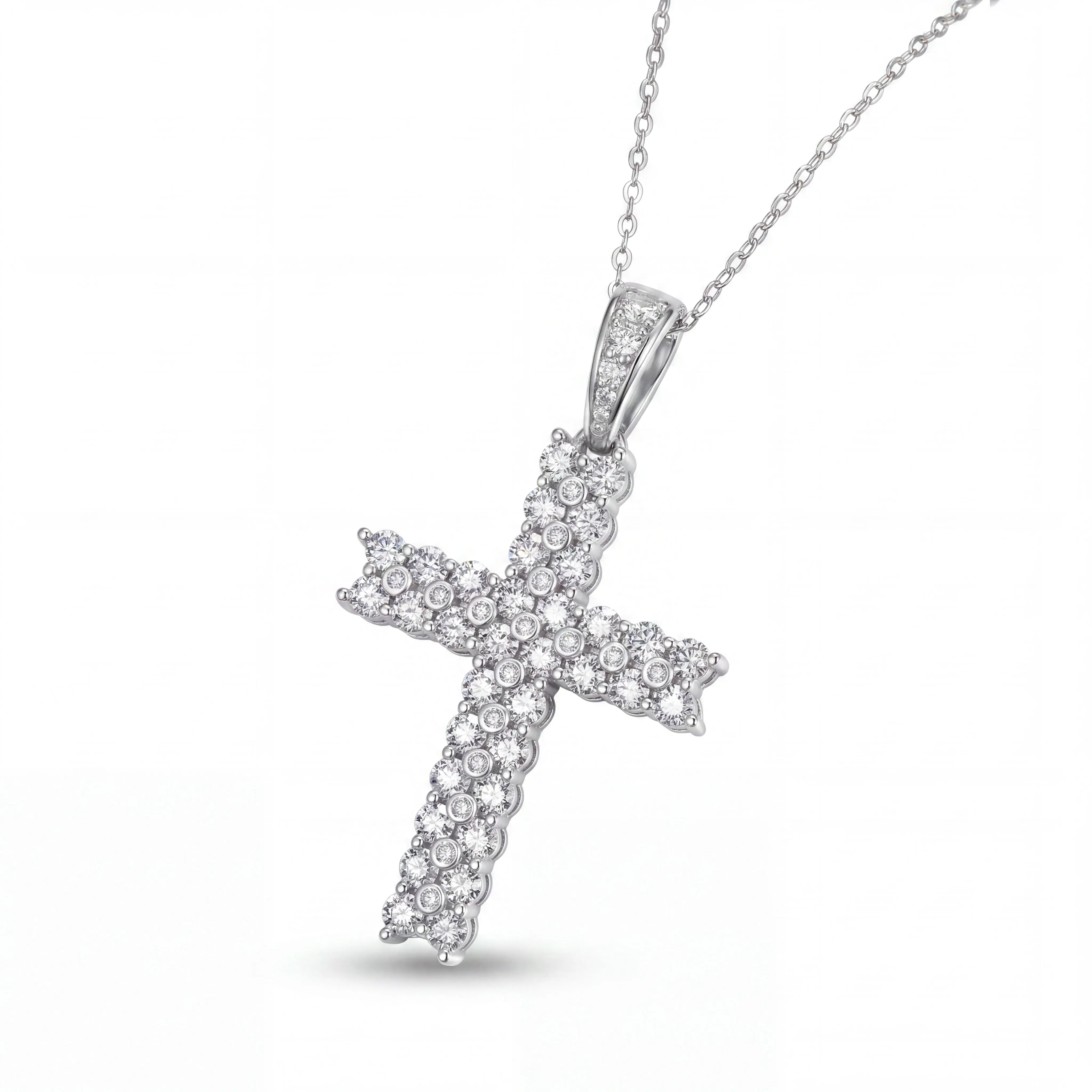 ZIIYONG Moissanite cross necklace chain in silver，design with Double-row moissanite everyday jewelry
