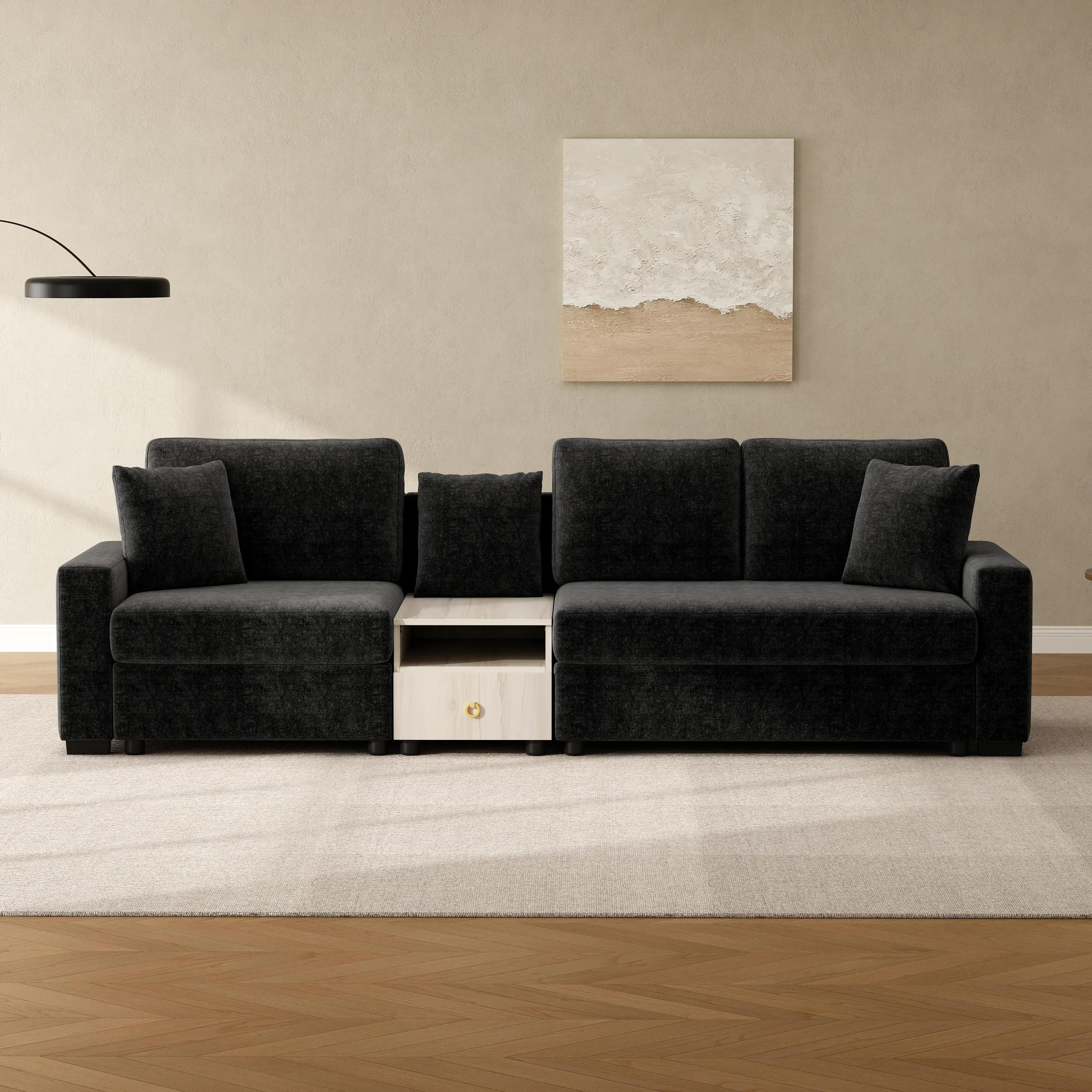 ARCH Modular Sofa Couch 111.8" Upholstered 3-Seater Sofa with Storage Armrest and Center Console for Living Room, Black, Modern Design, Large Sectional Couch with Hidden Storage, Family Room Furniture, Living Room Furniture for Apartment, Lounge