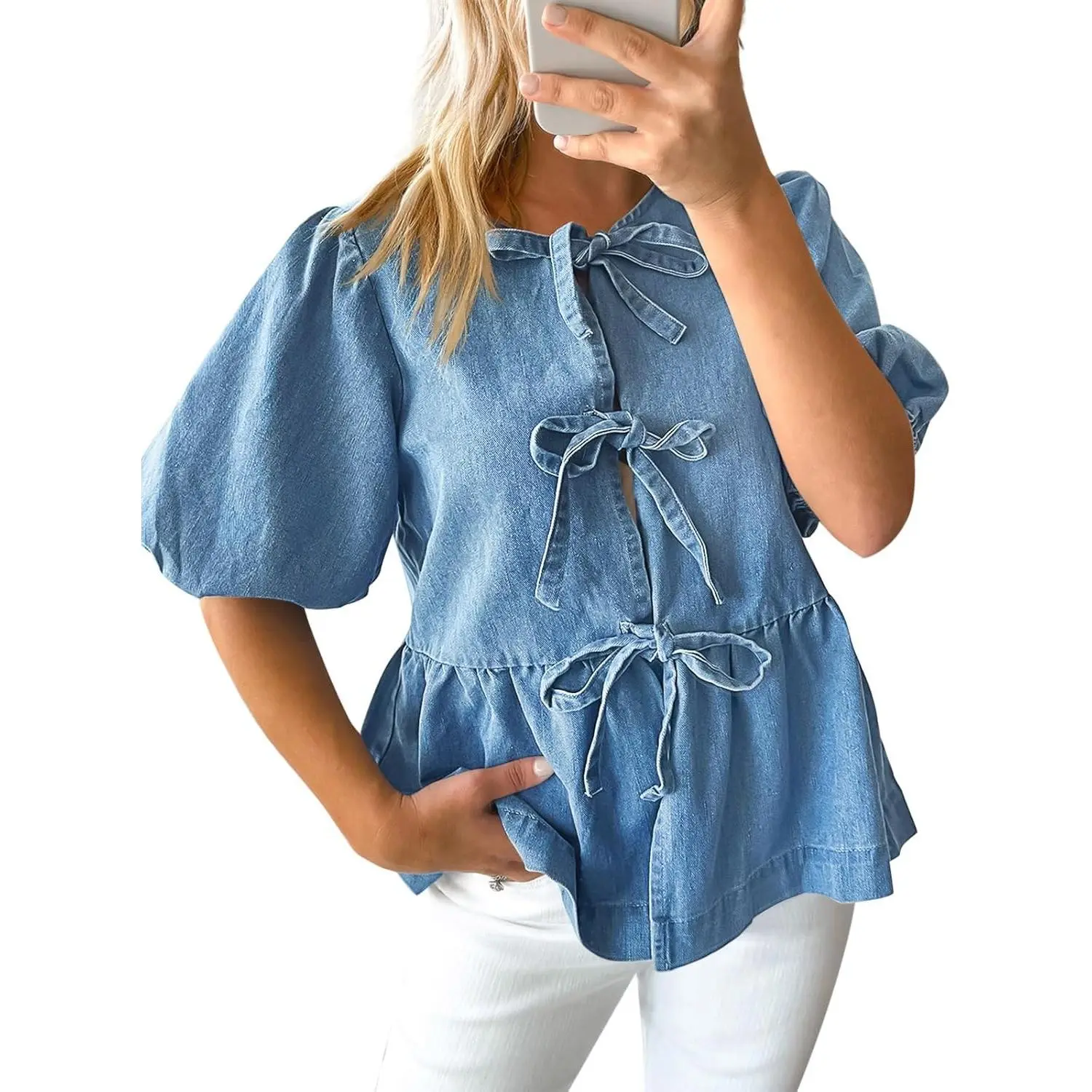 Women's Denim Tie Front Babydoll Peplum Top with Puff Sleeves, Bow Detail Crew Neck Jean Blouse, Summer Casual Style(Gift)