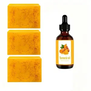 Turmeric soap and essential oil set, turmeric cleansing soap, including 3 bars of turmeric soap and 1 bottle of essential oil, daily skincare set for men and women, Turmeric cleansing bar pack