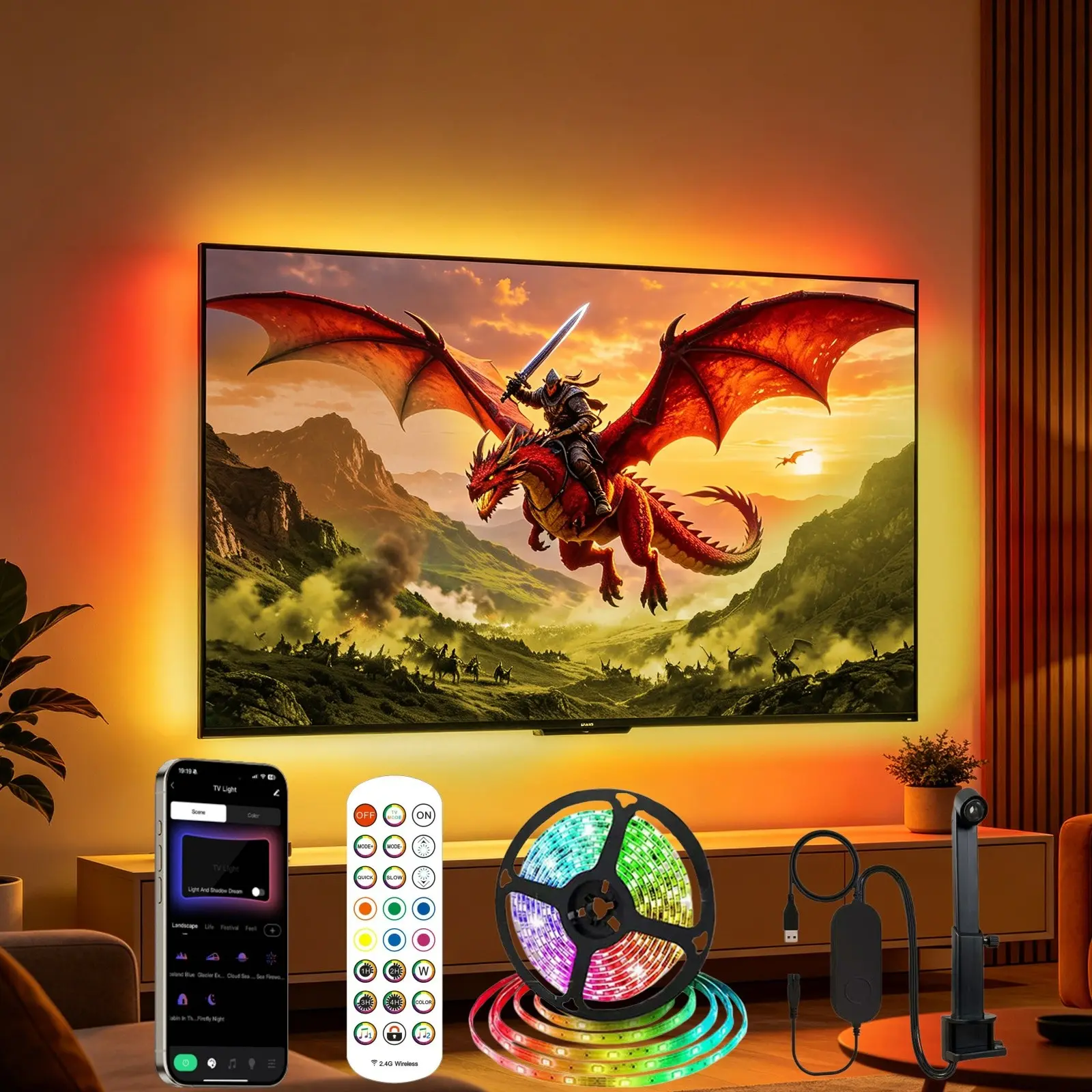 16.4ft Game Light Strip, USB LED TV Backlight for 55-65 Inch Tvs,Includes Remote Control，Color Sync, Ar Sensor, Bluetooth-compatible Control, Music Sync, Holiday Gift, Led Tv Lights